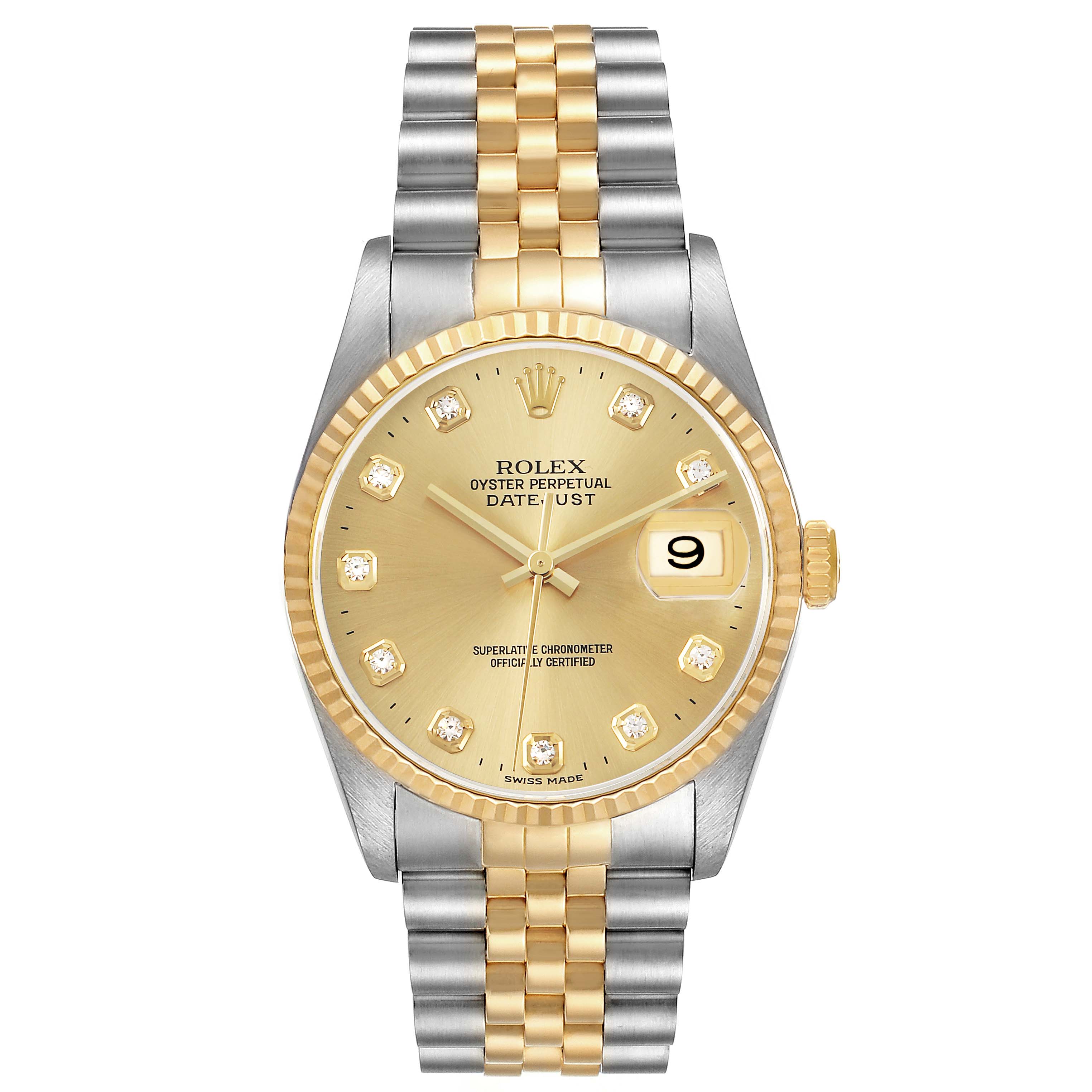 The Rolex Datejust 16233 Men's Steel and Gold (two tone) Champagne Dial watch is shown from the front, displaying the dial, bracelet, hands, date window, and fluted bezel.
