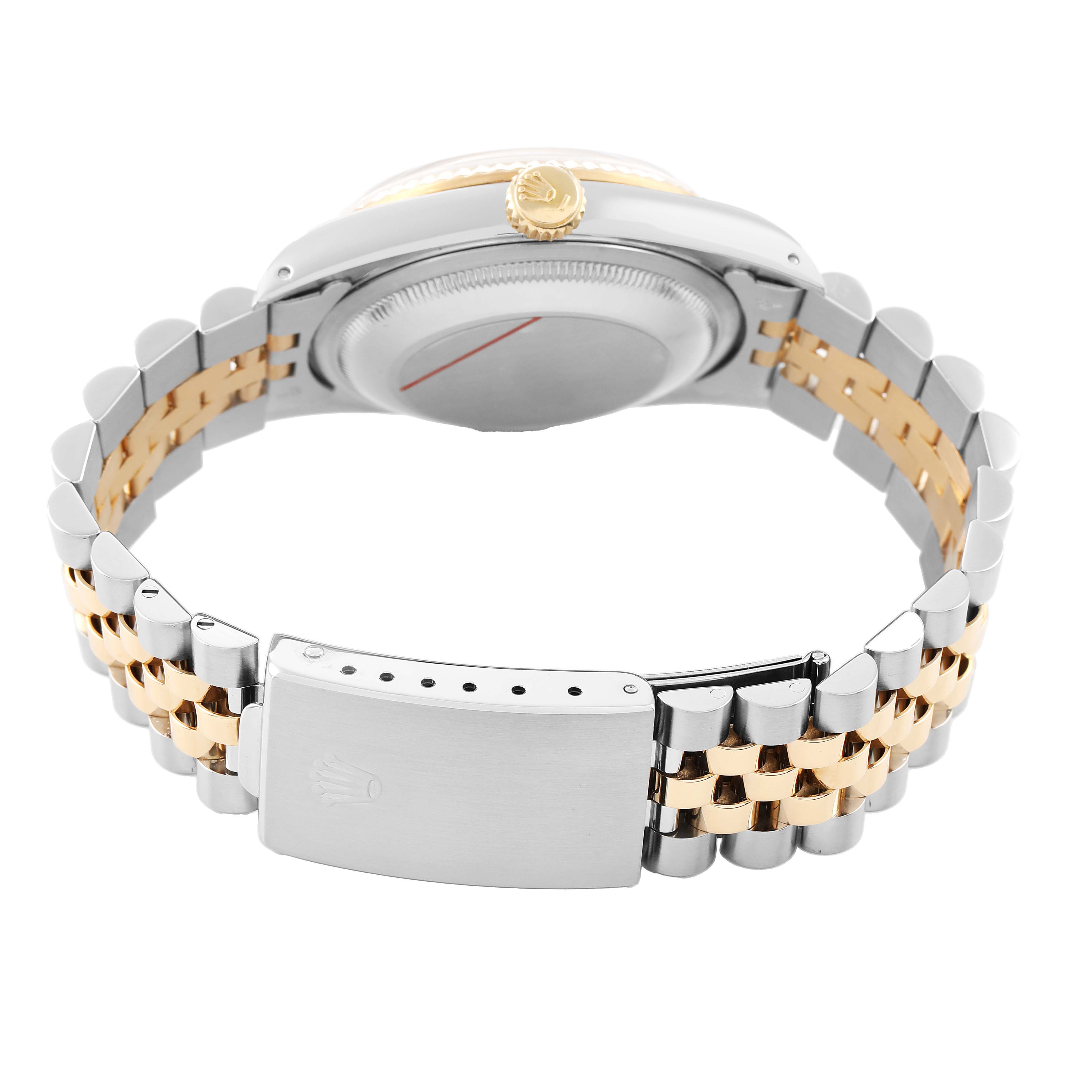 The Rolex Datejust 16233 Men's Stainless Steel Champagne Dial watch is shown from the back, highlighting the bracelet, clasp, case back, and crown.