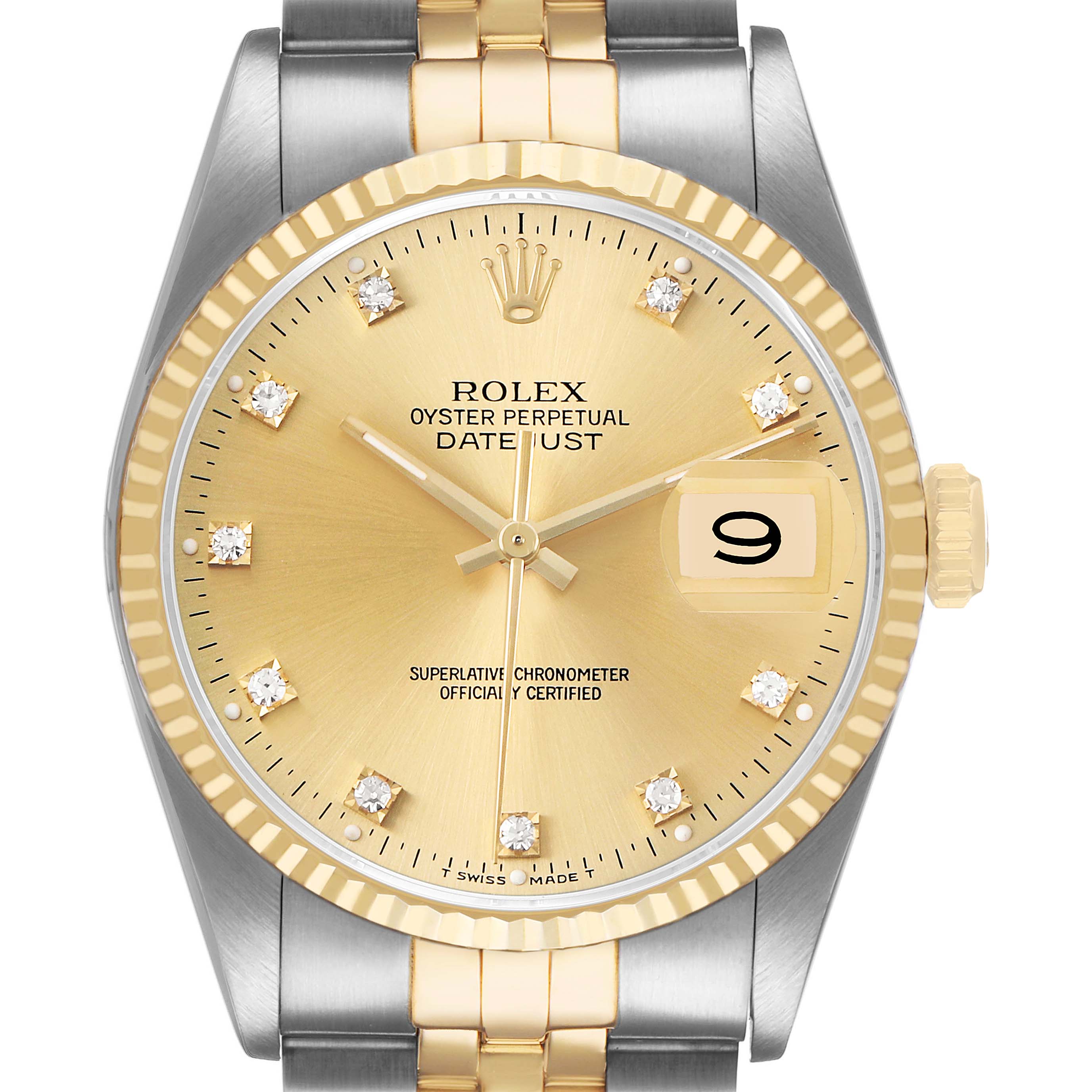 The Rolex Datejust 16233 Men's Stainless Steel Champagne Dial watch is shown from the front, highlighting the dial, bezel, crown, and part of the bracelet.