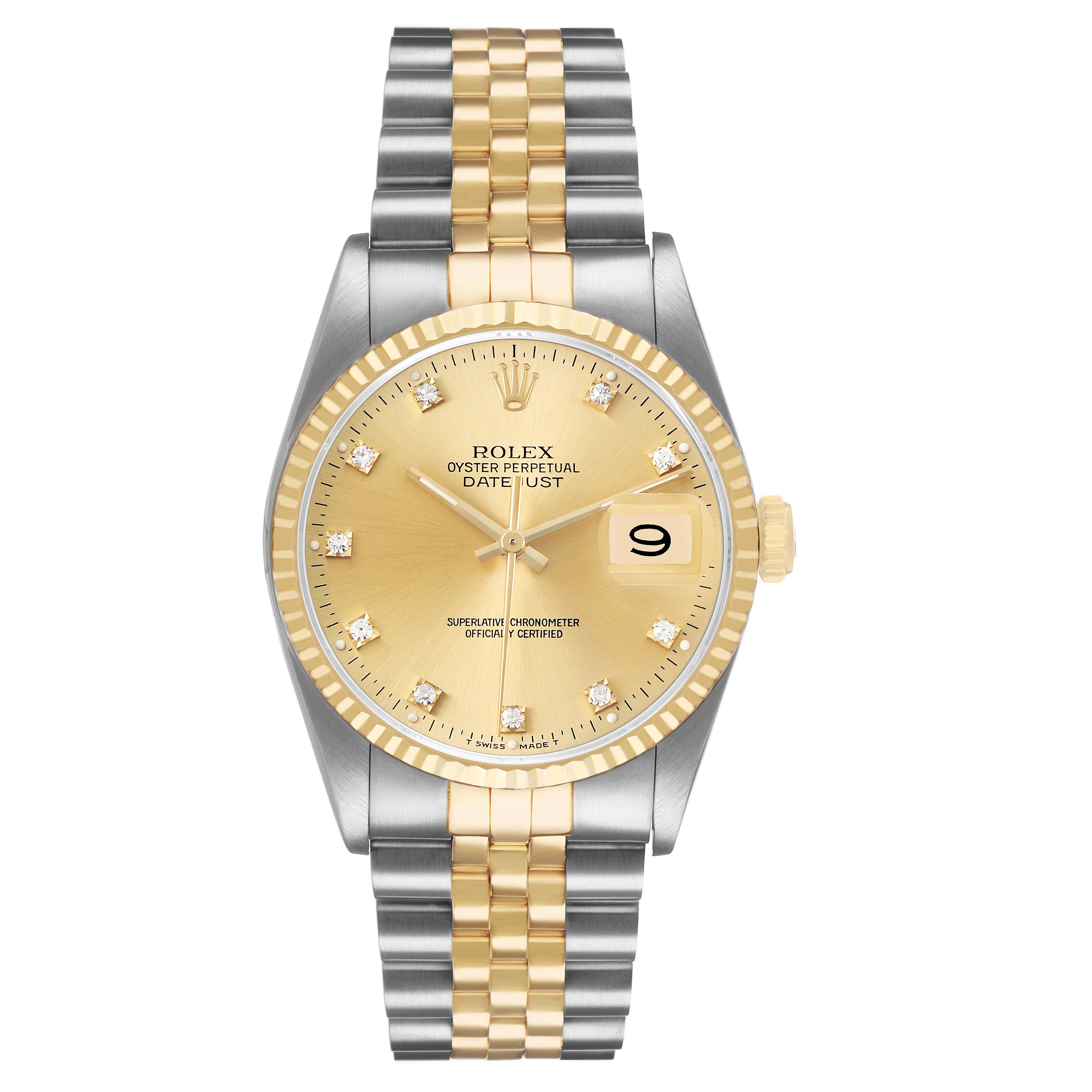The Rolex Datejust 16233 Men's Stainless Steel Champagne Dial watch is shown from a front angle, displaying its face, bezel, crown, and bracelet clearly.