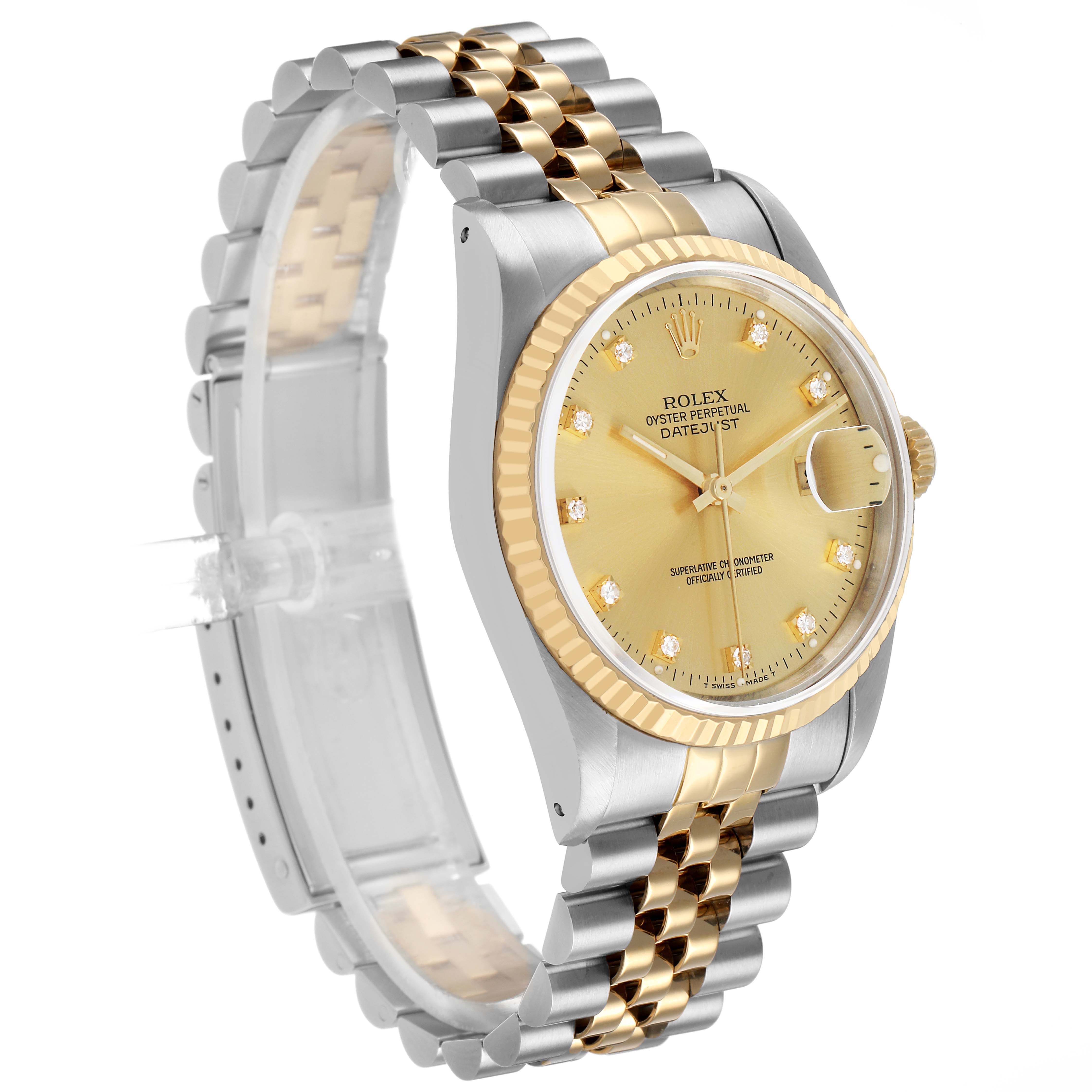 The Rolex Datejust 16233 Men's Stainless Steel Champagne Dial watch is shown at a three-quarter angle, displaying the dial, fluted bezel, and Jubilee bracelet.