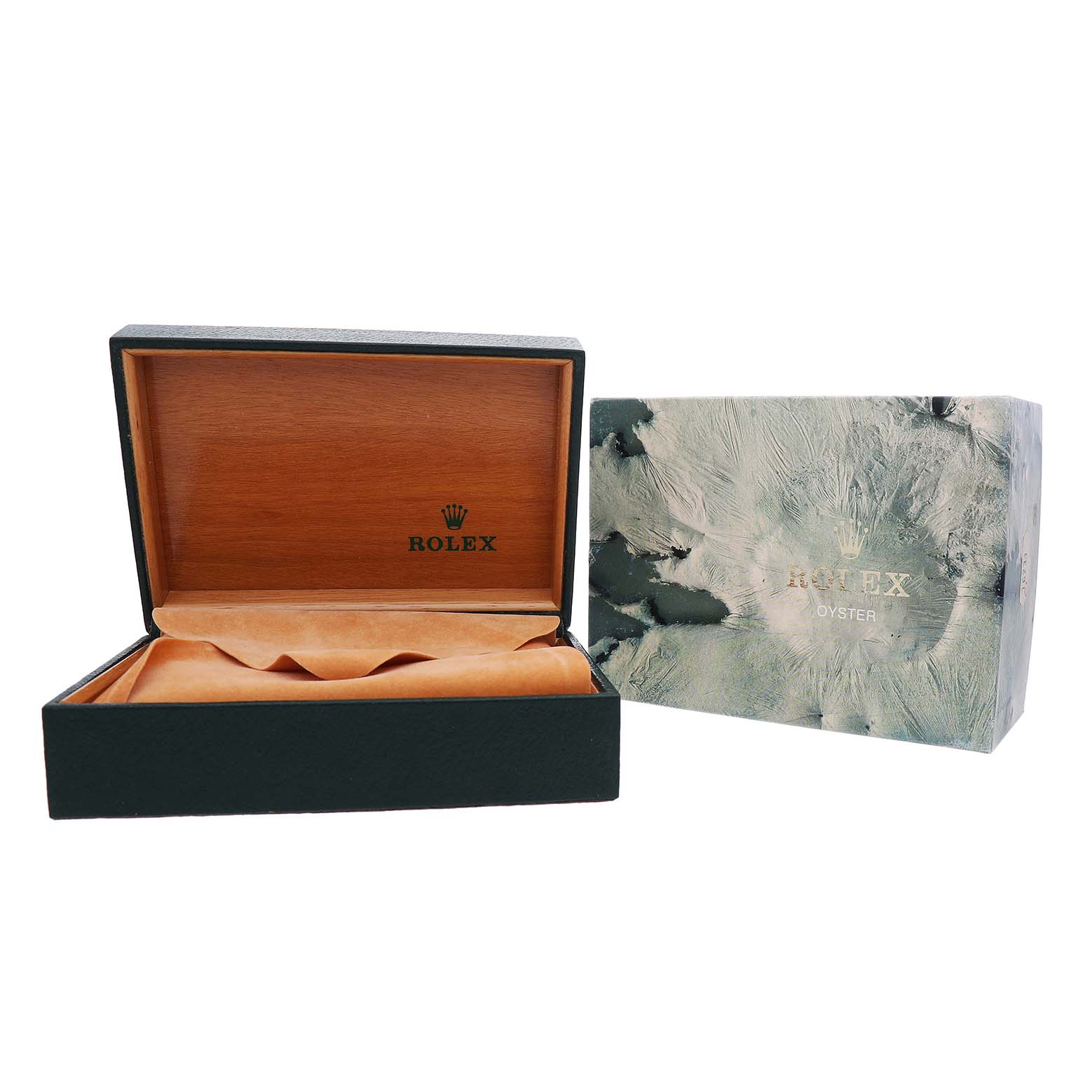 The image shows the open box for a Rolex Datejust 16233 Men's Stainless Steel Champagne Dial with a partially visible outer packaging.