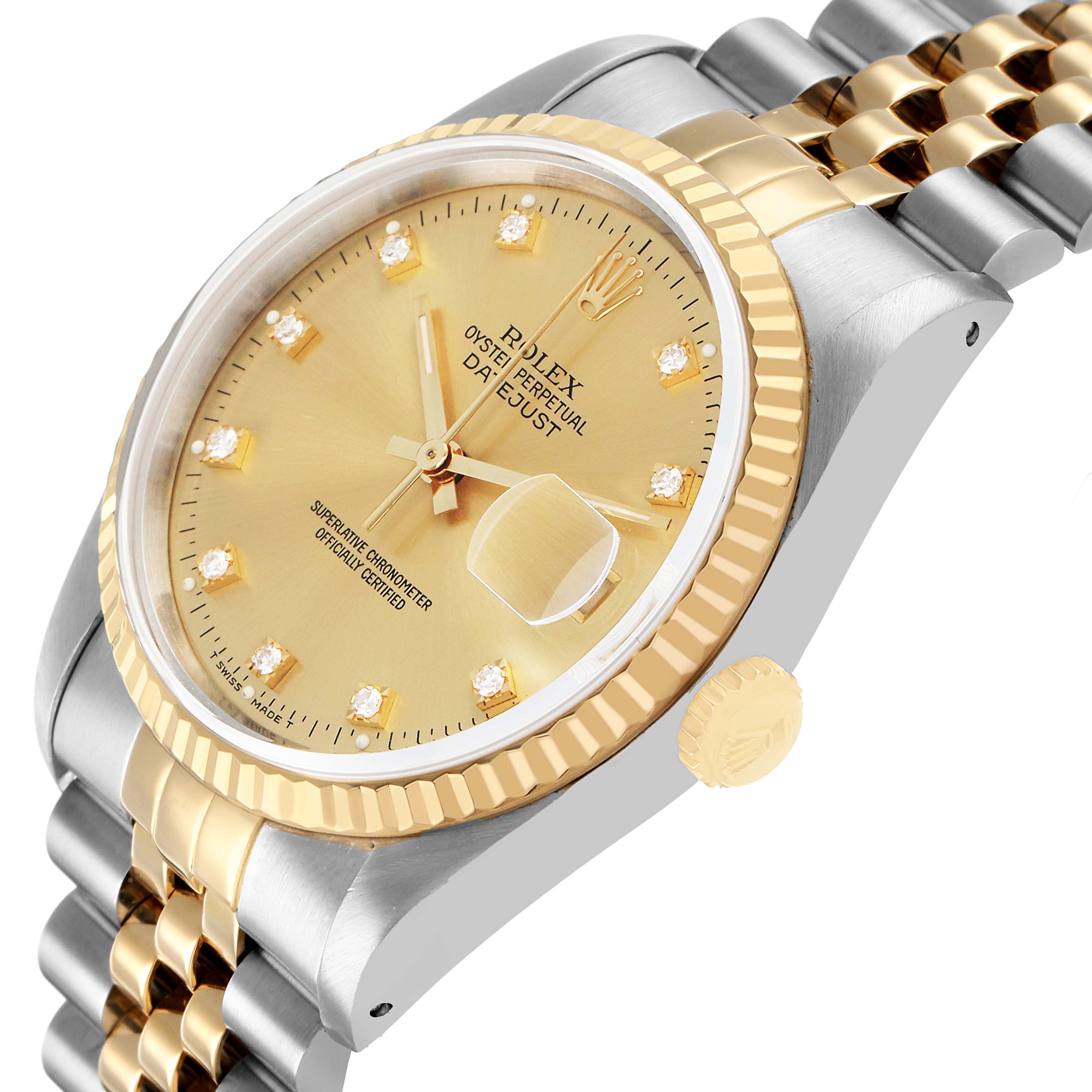 The Rolex Datejust 16233 Men's Stainless Steel Champagne Dial watch is shown at a slight angle, highlighting its gold and silver bracelet, fluted bezel, and champagne dial.