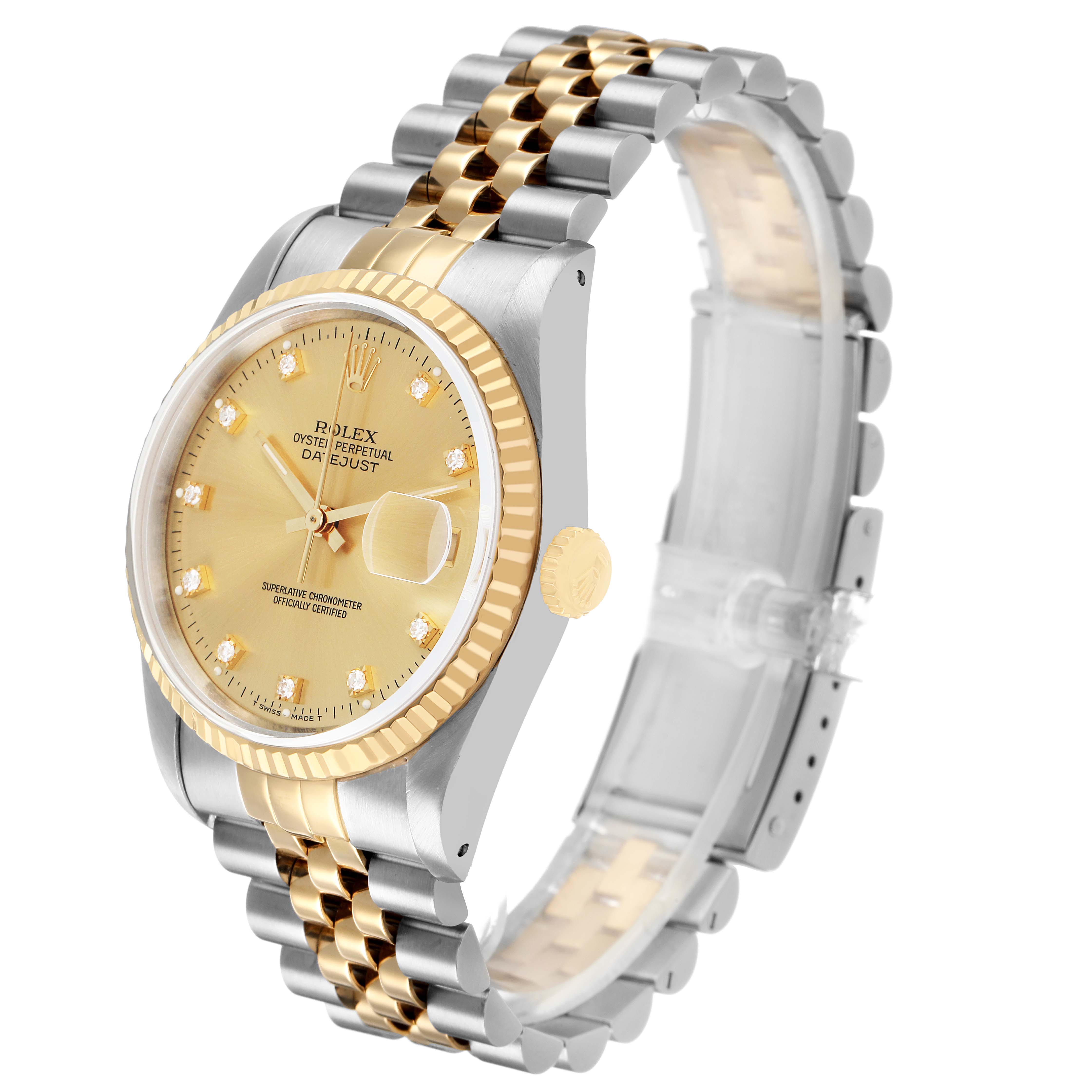 The Rolex Datejust 16233 Men's Stainless Steel Champagne Dial watch is shown at a three-quarter angle, displaying the face, crown, two-tone bracelet, and fluted bezel.