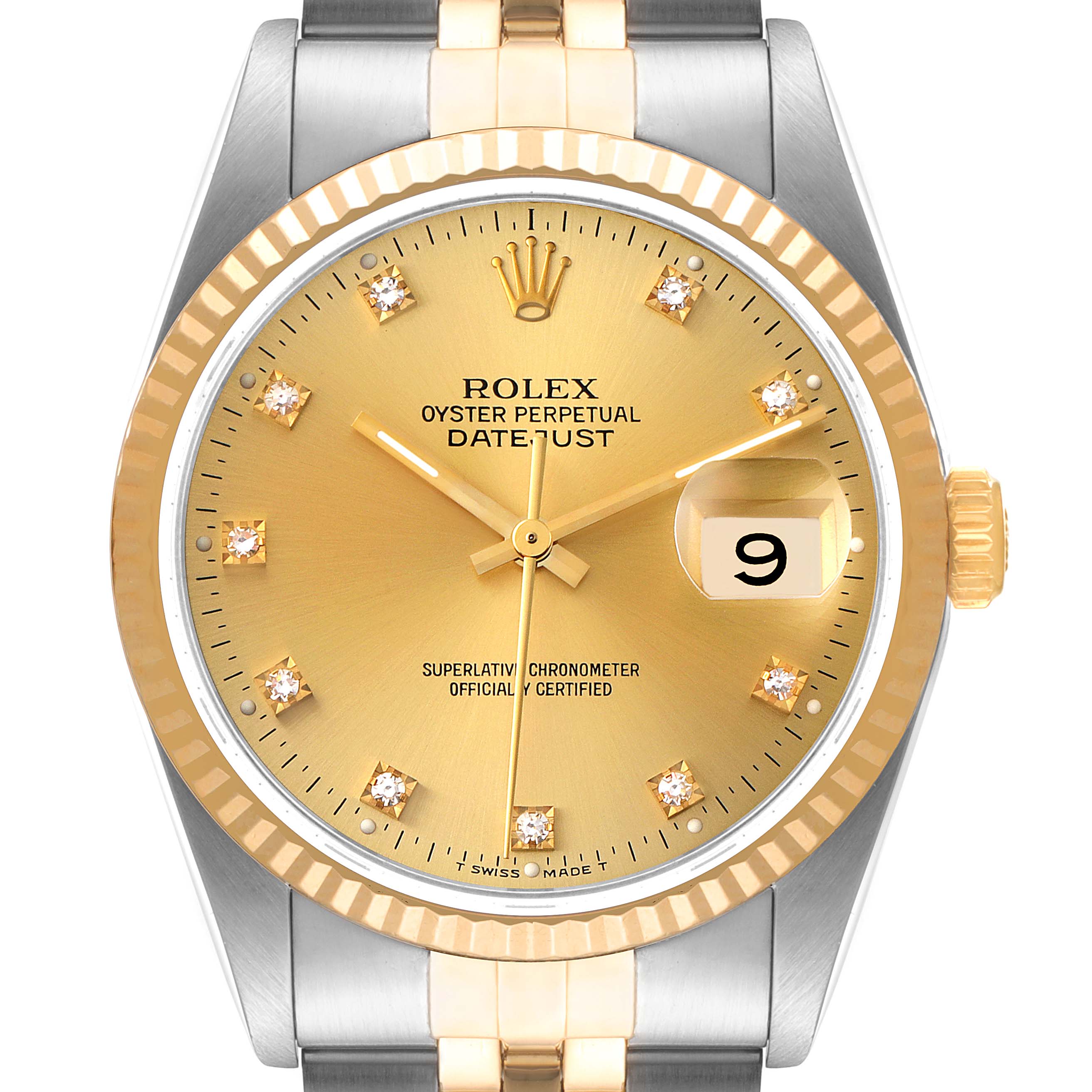 This is a close-up front view of the Rolex Datejust 16233 Men's Steel and Gold (two tone) Champagne Dial 16233 Men's Steel and Gold (two tone) Champagne Dial, showing the watch face, bezel, and part of the bracelet.
