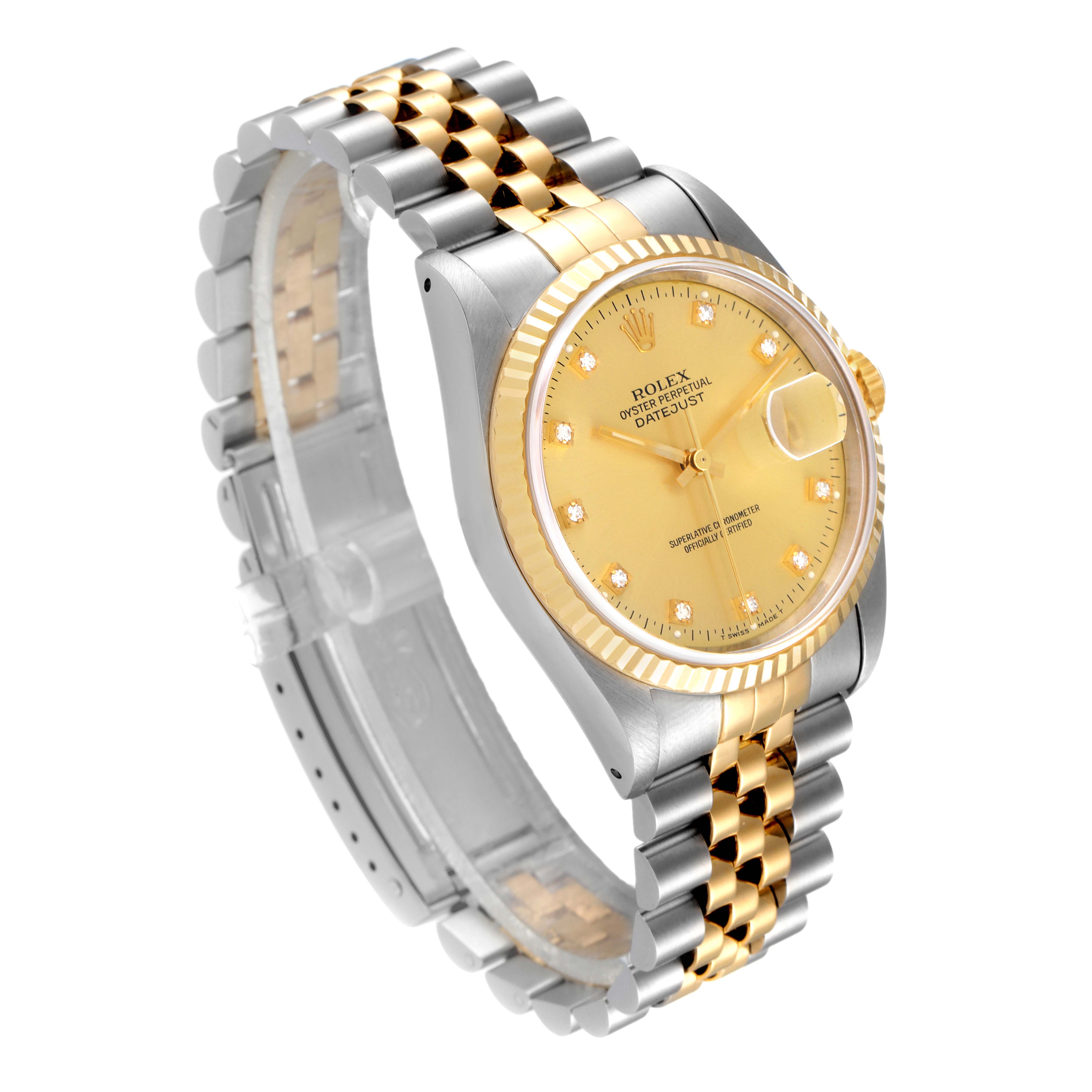 This image shows a Rolex Datejust 16233 Men's Steel and Gold (two tone) Champagne Dial 16233 Men's Steel and Gold (two tone) Champagne Dial watch at an angle showcasing the face, bezel, and the Jubilé bracelet.
