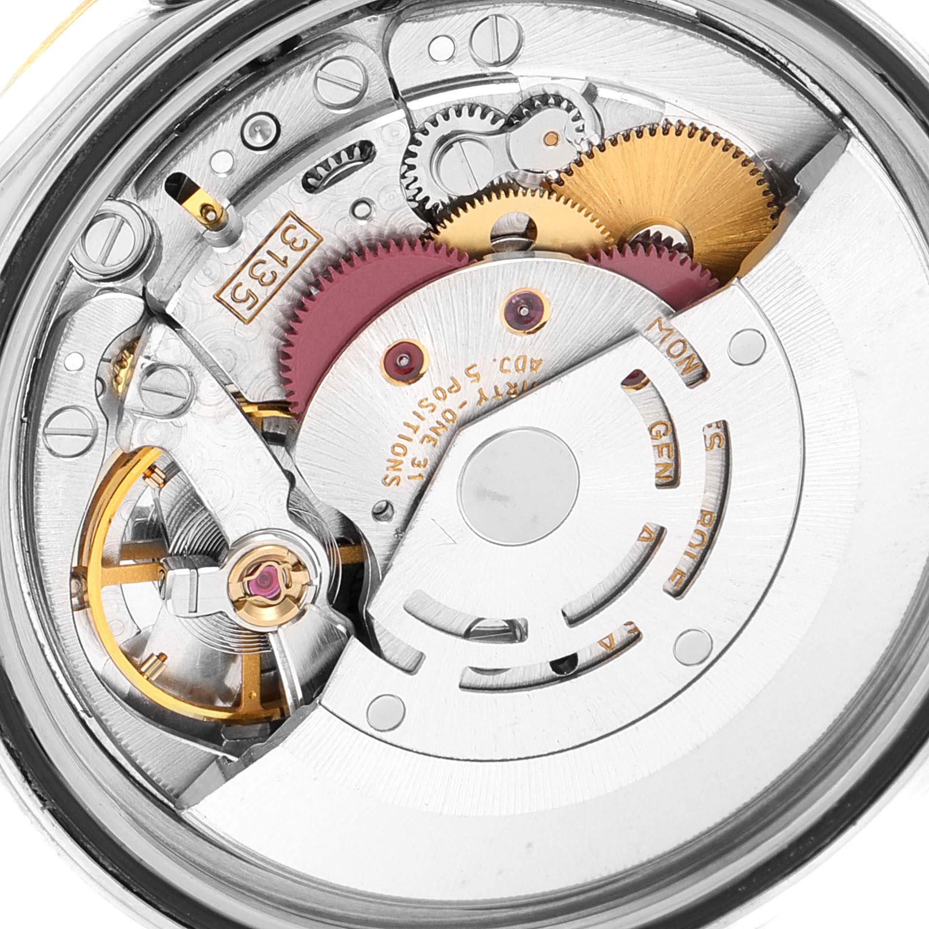This image shows the internal mechanical movement of a Rolex Datejust 16233 Men's Steel and Gold (two tone) Champagne Dial 16233 Men's Steel and Gold (two tone) Champagne Dial watch from a top-down angle.
