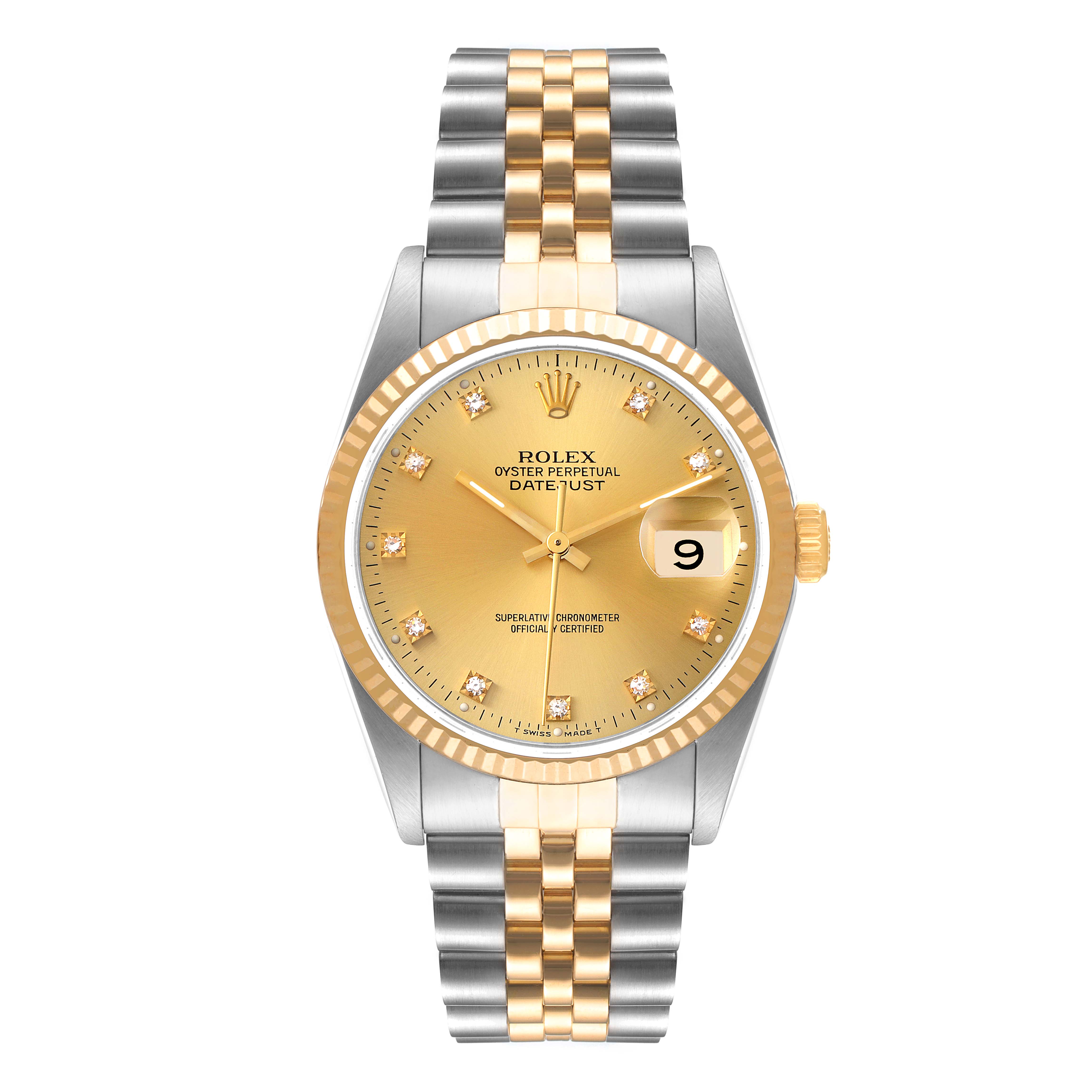 This image shows a front view of a Rolex Datejust 16233 Men's Steel and Gold (two tone) Champagne Dial 16233 Men's Steel and Gold (two tone) Champagne Dial watch, highlighting its two-tone bracelet and gold dial with a date display.