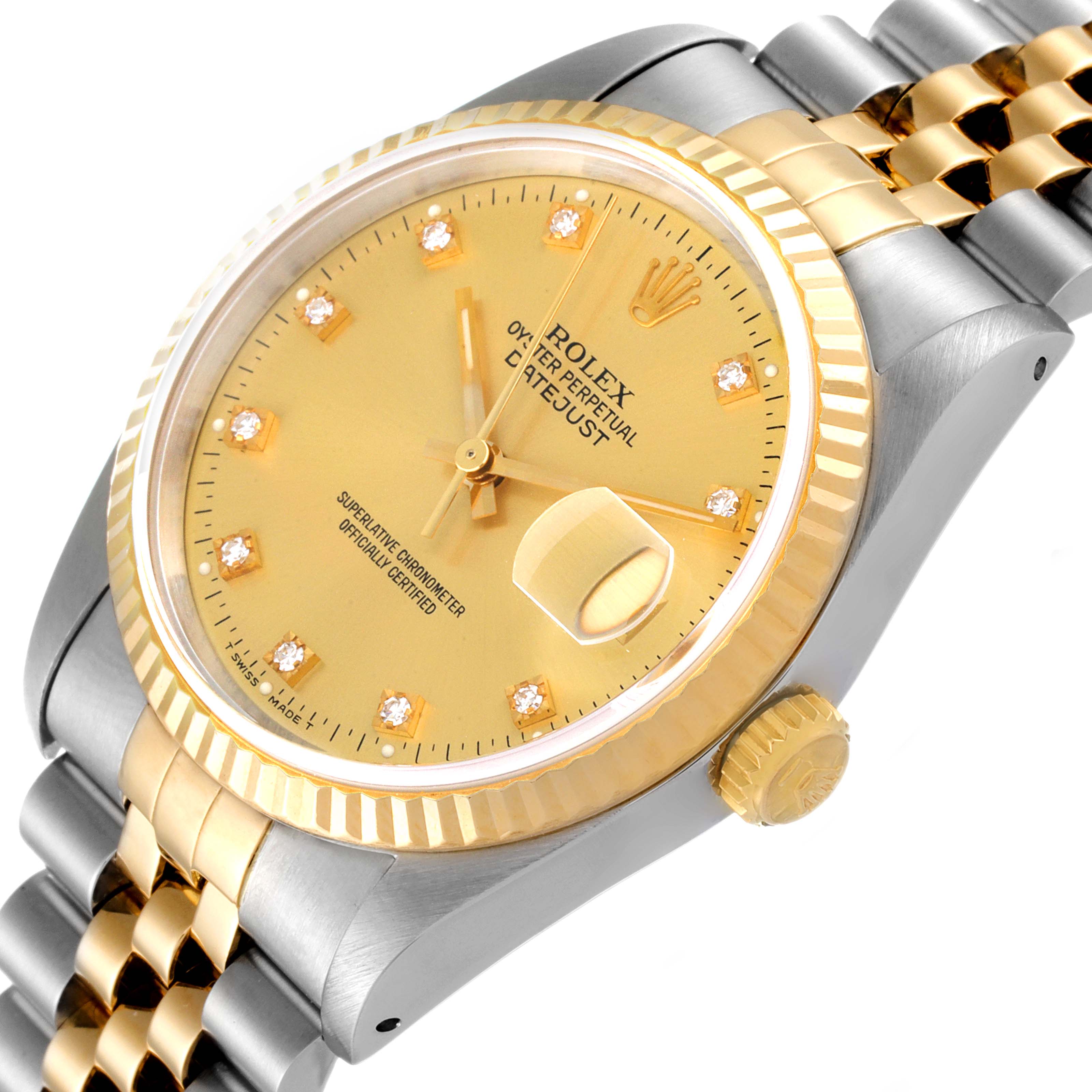 The Rolex Datejust 16233 Men's Steel and Gold (two tone) Champagne Dial 16233 Men's Steel and Gold (two tone) Champagne Dial watch is shown at an angled view focusing on the dial, crown, and part of the bracelet.
