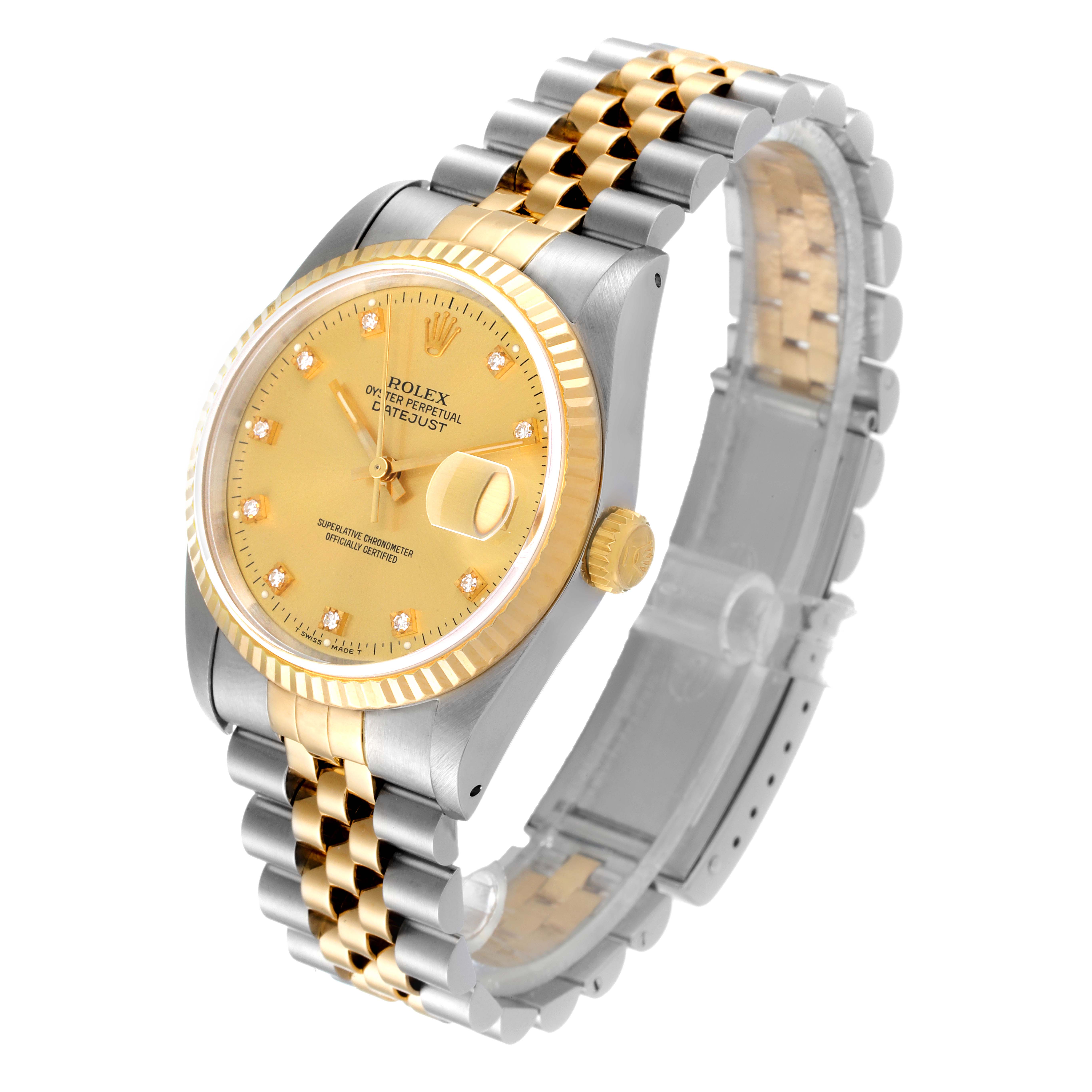The image shows a Rolex Datejust 16233 Men's Steel and Gold (two tone) Champagne Dial 16233 Men's Steel and Gold (two tone) Champagne Dial watch at a three-quarter angle, highlighting its gold dial, jubilee bracelet, and fluted bezel.