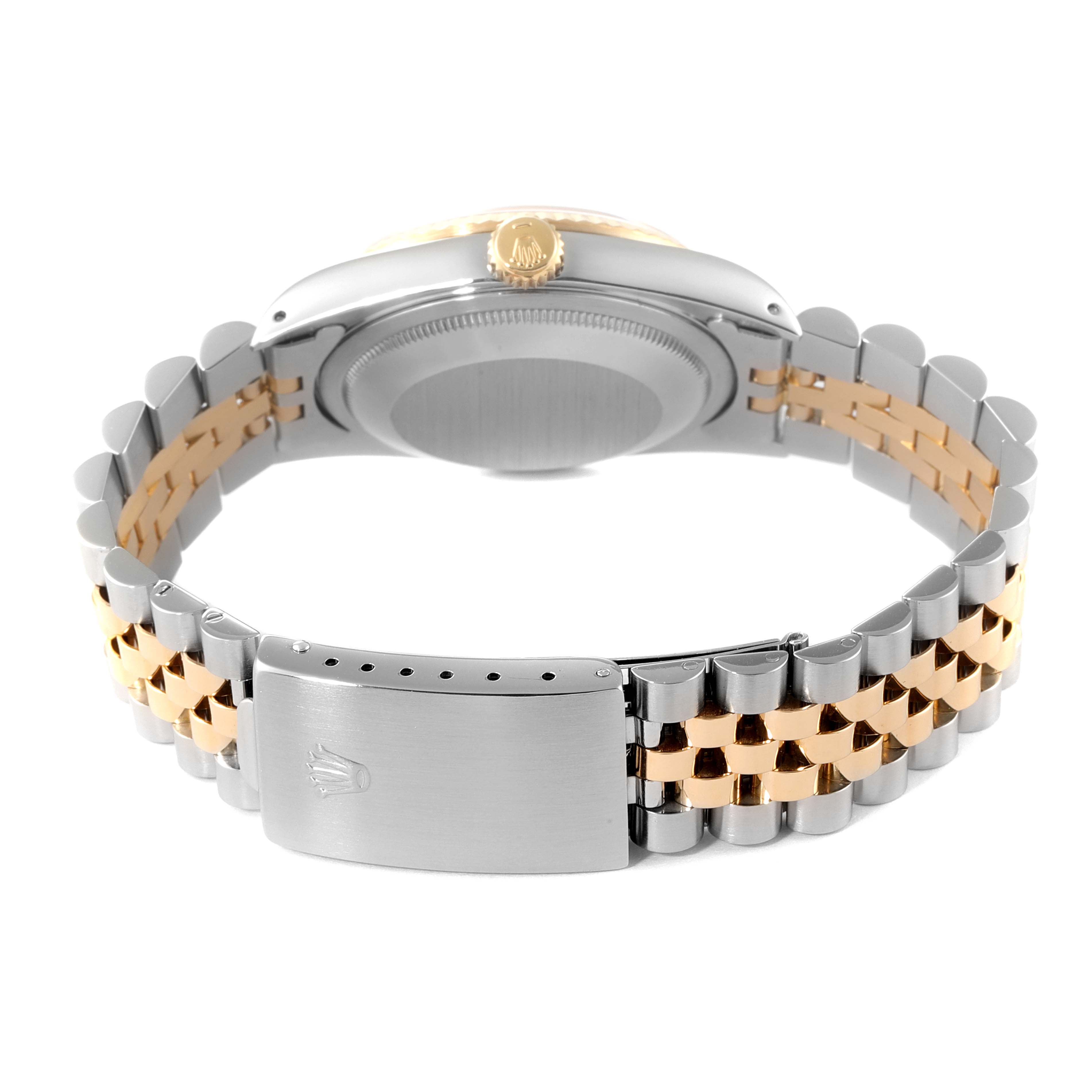 The image shows the back of the Rolex Datejust 16233 Men's Steel and Gold (two tone) Champagne Dial 16233 Men's Steel and Gold (two tone) Champagne Dial watch, focusing on the clasp, case back, and bracelet.