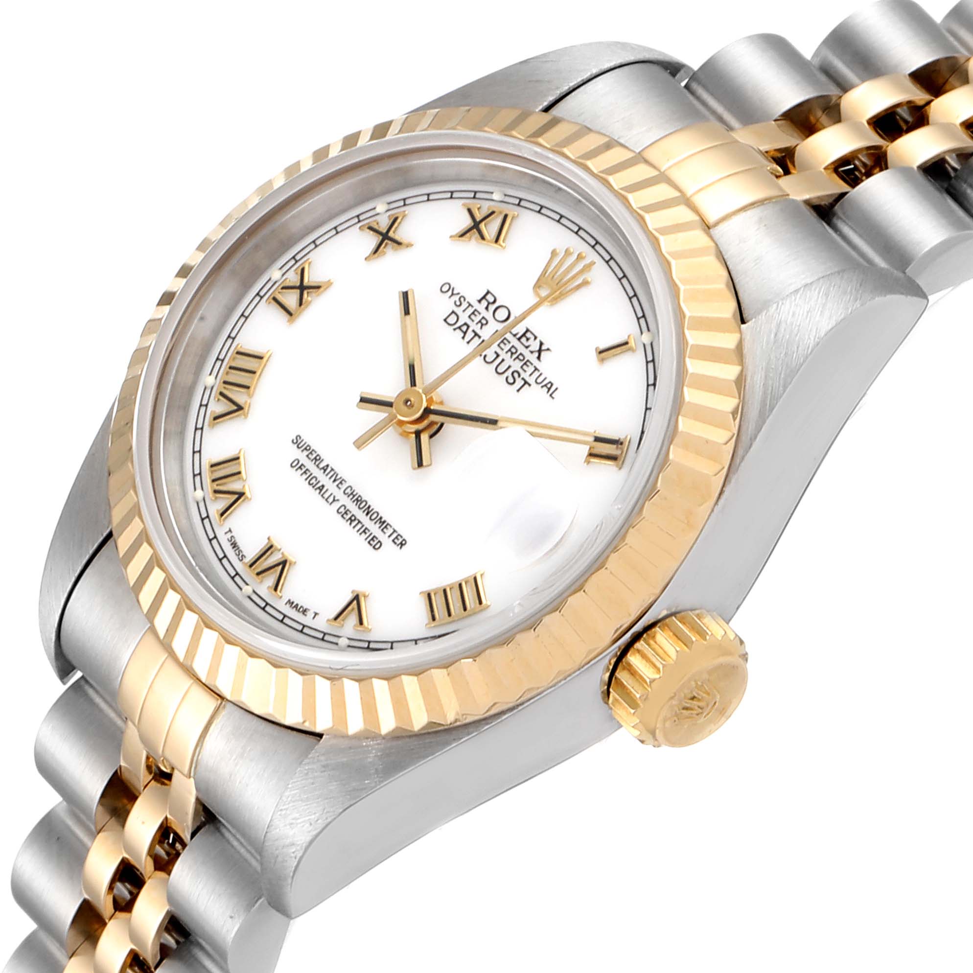 The Rolex Datejust 69173 Women's Steel and Gold (two tone) White Dial 69173 Women's Steel and Gold (two tone) White Dial watch is shown at a slight angle from above, highlighting the dial, bezel, crown, and bracelet.