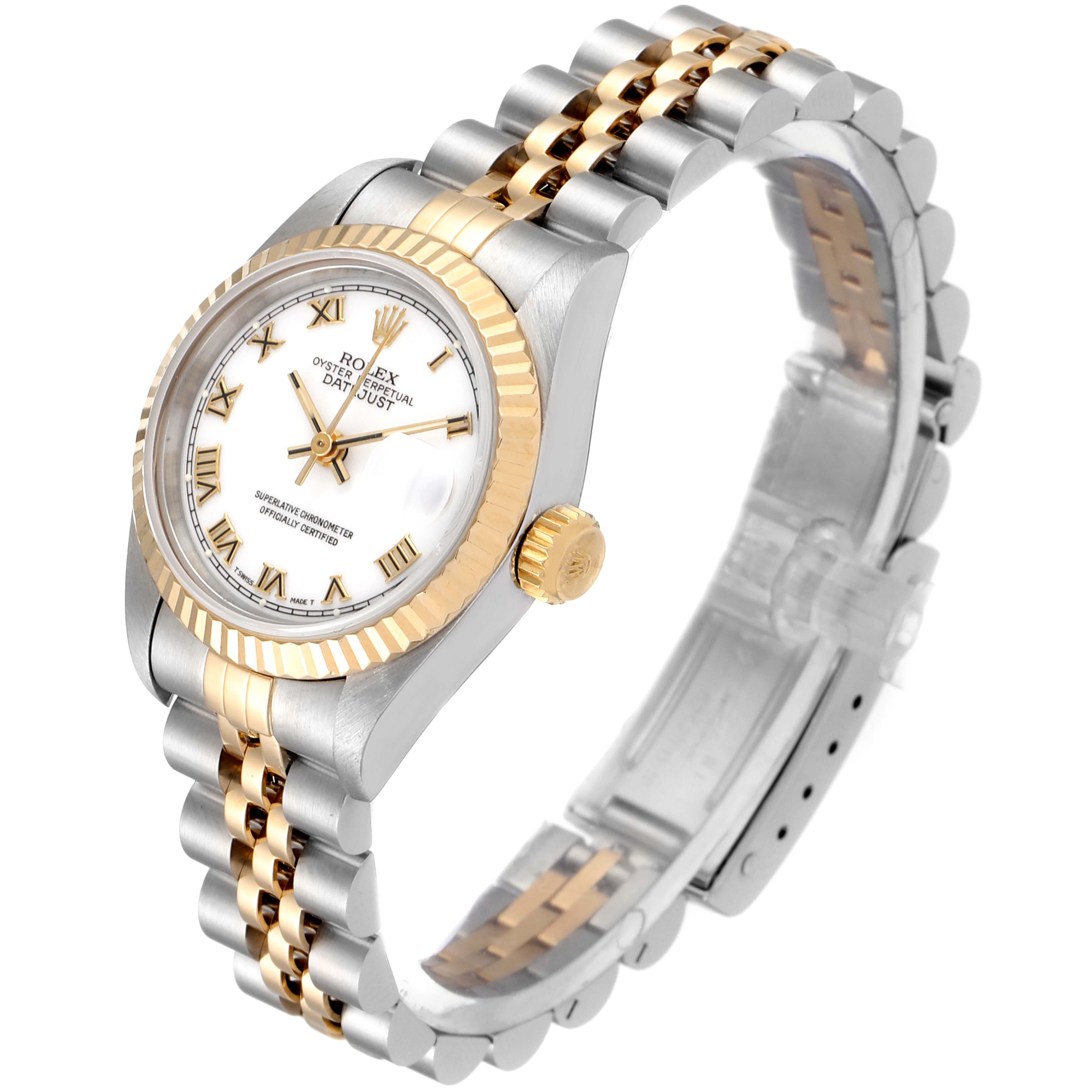 The Rolex Datejust 69173 Women's Steel and Gold (two tone) White Dial 69173 Women's Steel and Gold (two tone) White Dial watch is shown at a three-quarter angle, highlighting the dial, bezel, crown, and two-tone Jubilee bracelet.