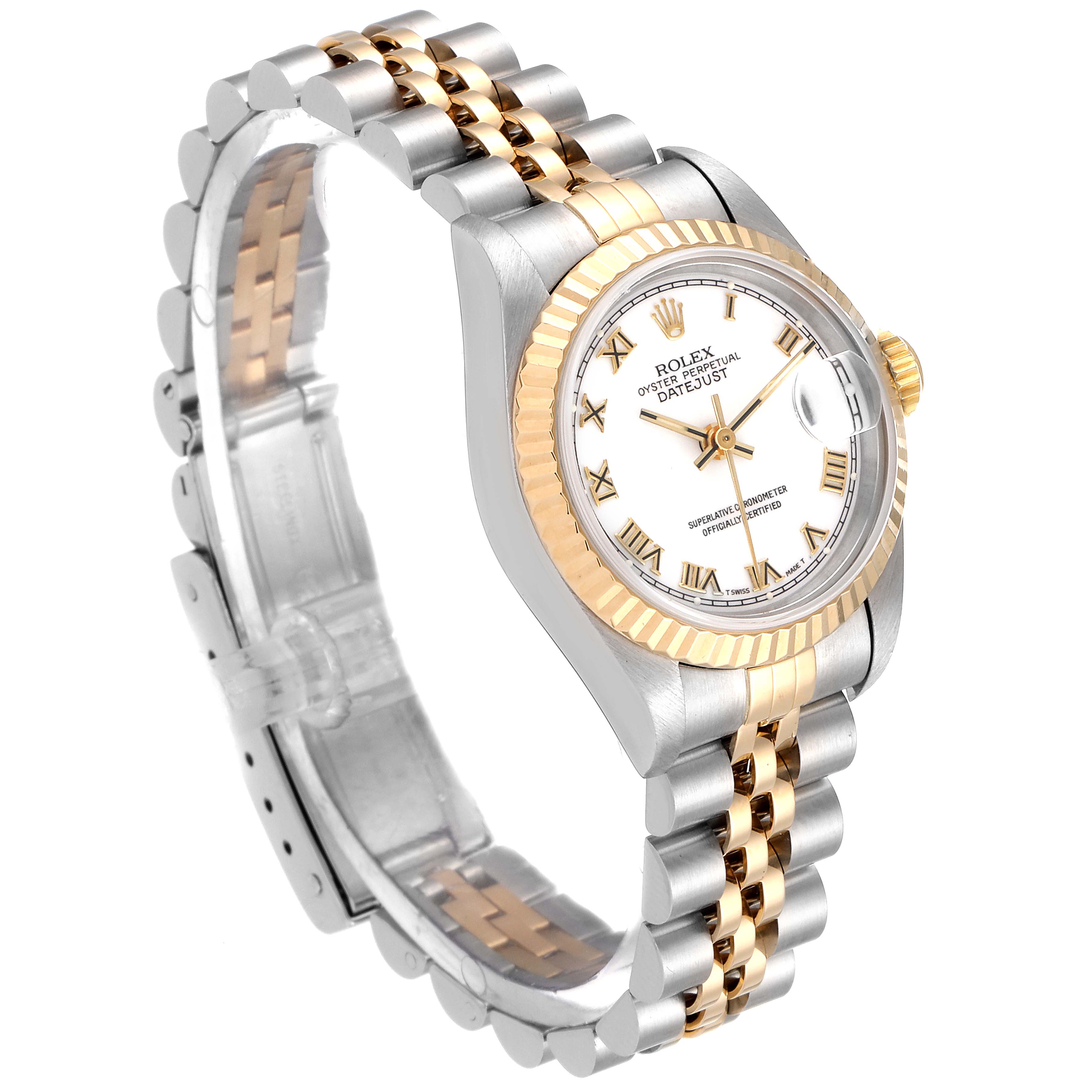 The image shows a side view of a Rolex Datejust 69173 Women's Steel and Gold (two tone) White Dial 69173 Women's Steel and Gold (two tone) White Dial watch, highlighting the dial, bezel, crown, and Jubilee bracelet.