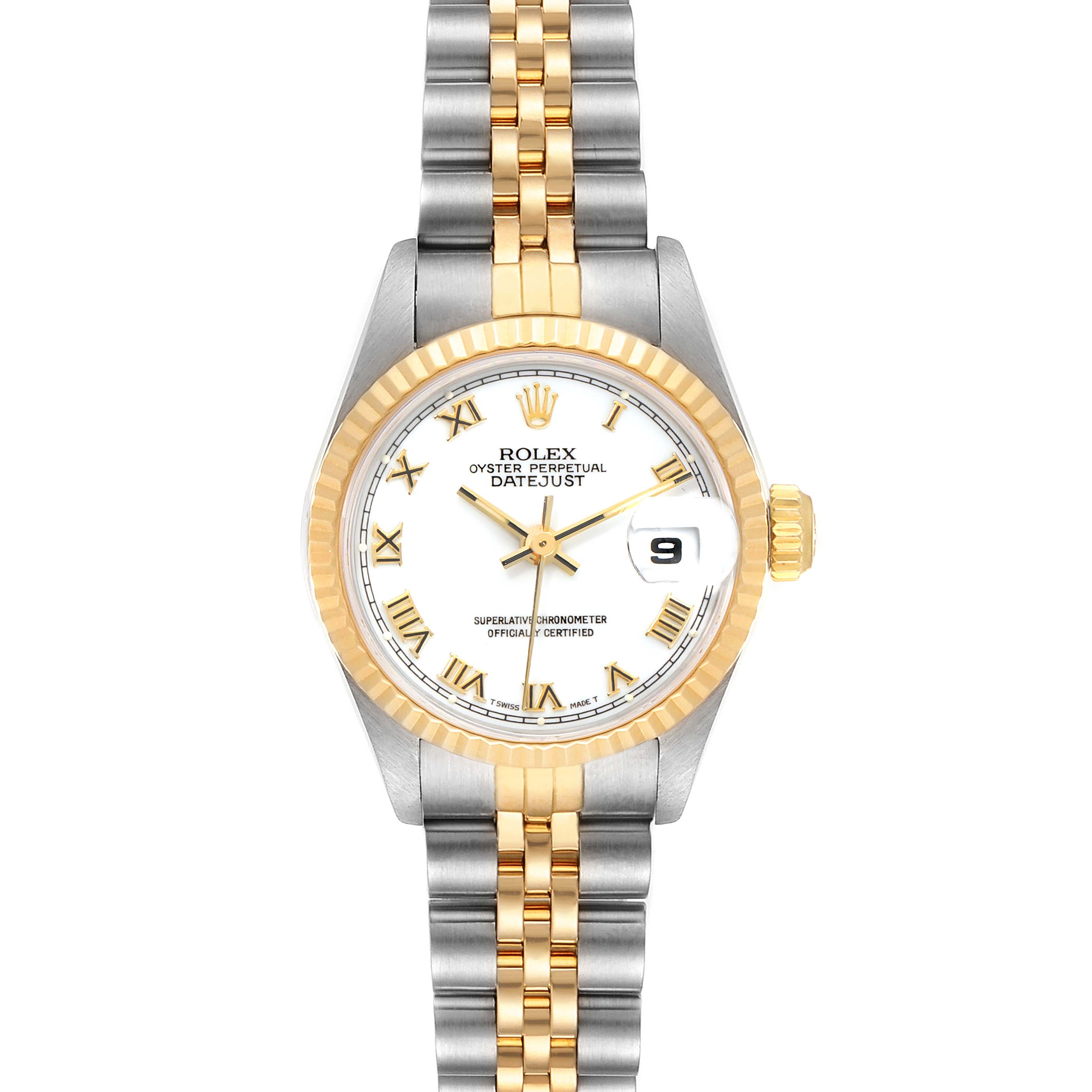 The image shows a front view of a Rolex Datejust 69173 Women's Steel and Gold (two tone) White Dial 69173 Women's Steel and Gold (two tone) White Dial watch featuring a two-tone bracelet and a white dial with a date display.