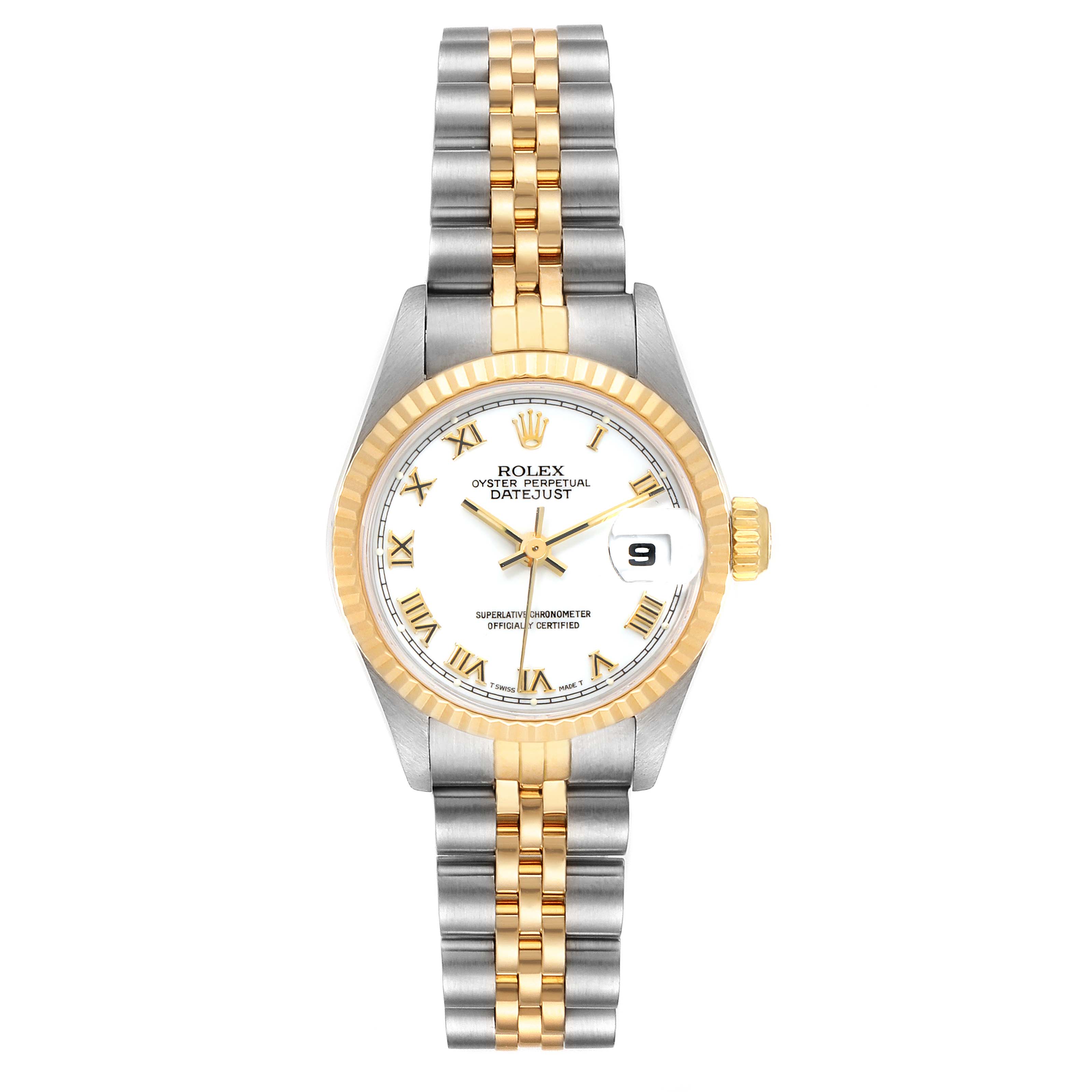 The image shows a front view of a Rolex Datejust 69173 Women's Steel and Gold (two tone) White Dial 69173 Women's Steel and Gold (two tone) White Dial model watch, featuring a two-tone bracelet and a white dial with a date window.