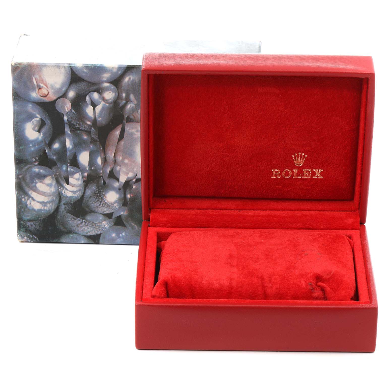 The image shows an open red watch box with the Rolex logo for a Datejust model, along with its outer packaging box.