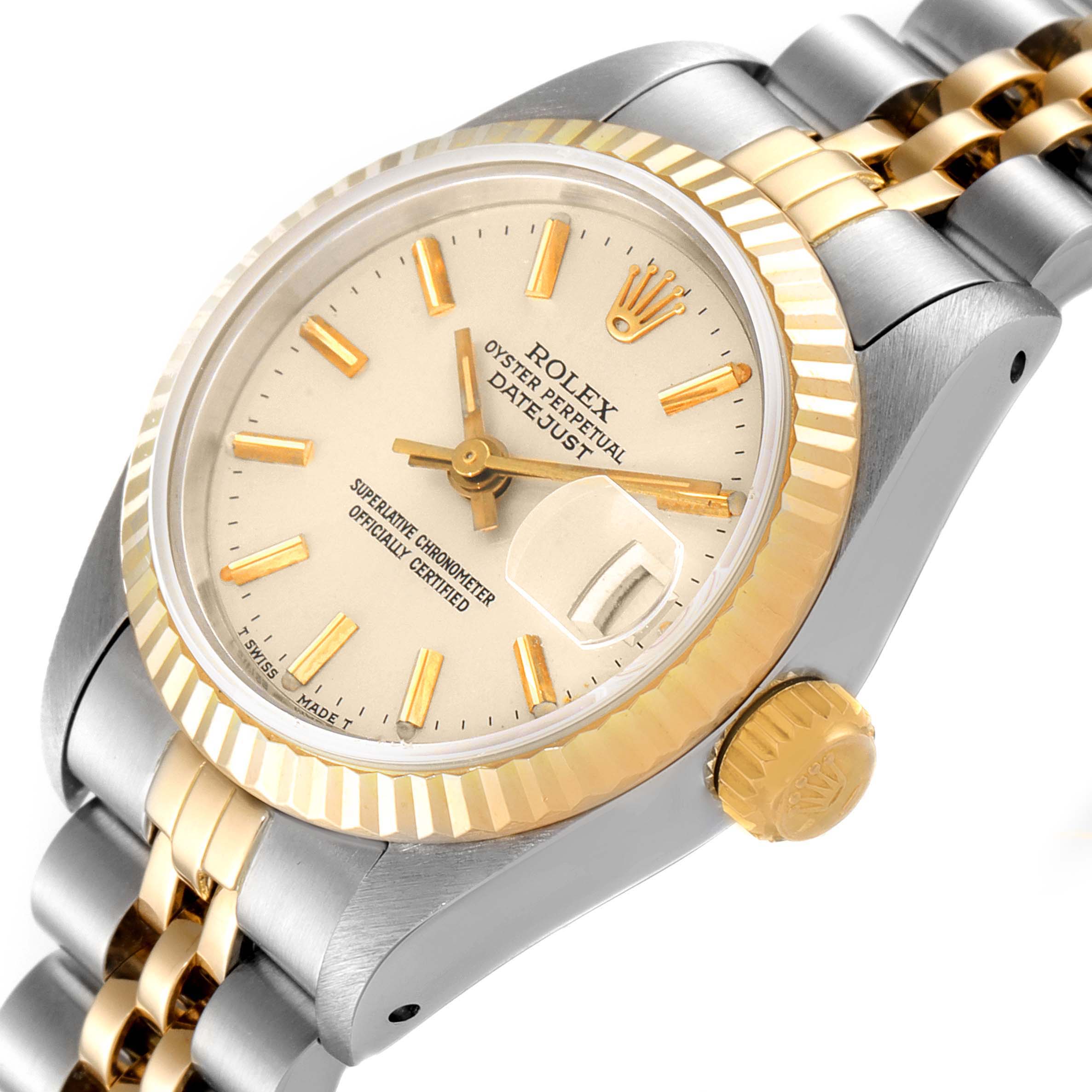 The image shows a close-up angled view of the Rolex Datejust 69173 Women
s Steel and Gold (two tone) Silver Dial 69173 Women
s Steel and Gold (two tone) Silver Dial model, highlighting the dial, bezel, and bracelet.