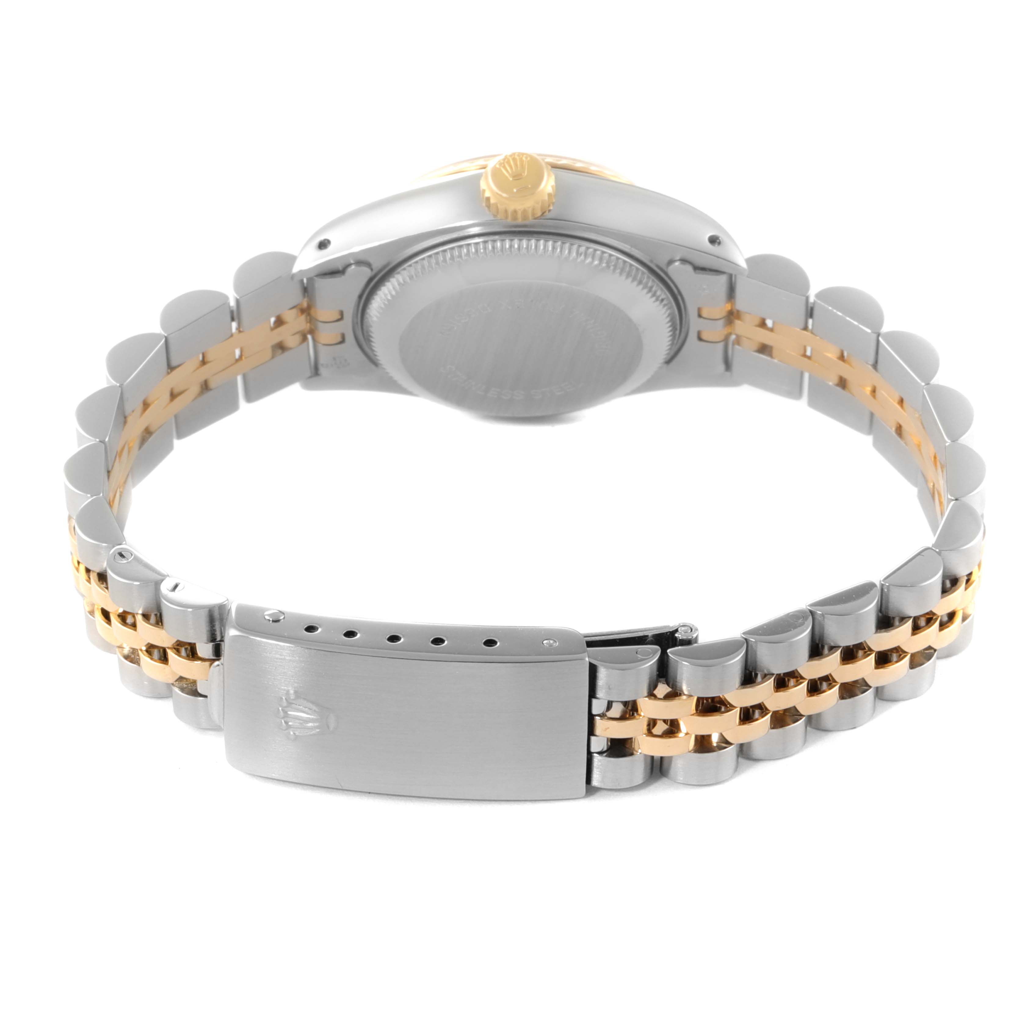 The image shows the back case and bracelet of a Rolex Datejust 69173 Women
s Steel and Gold (two tone) Silver Dial 69173 Women
s Steel and Gold (two tone) Silver Dial watch, featuring a two-tone metal strap.