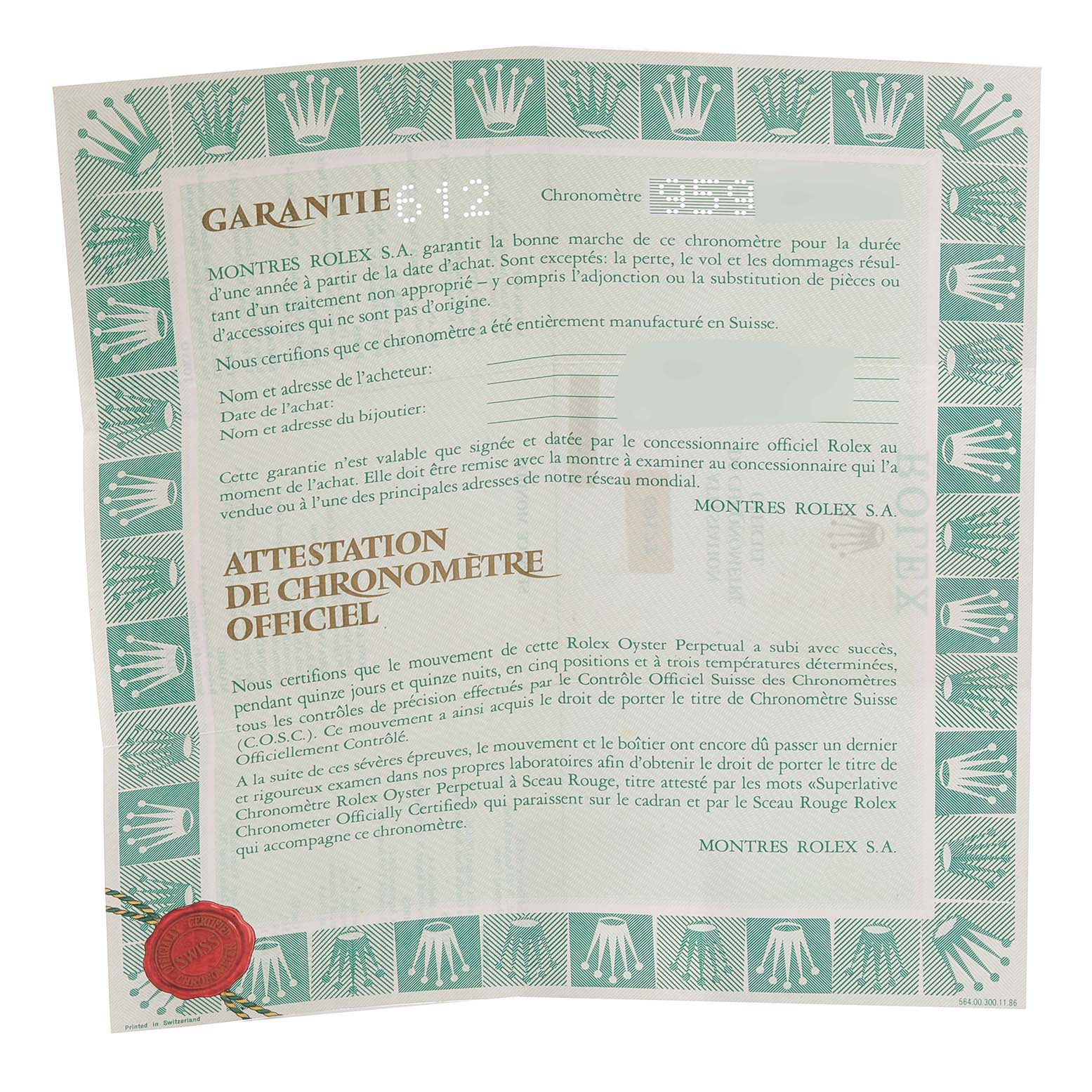 The image shows a warranty certificate for the Rolex Datejust 69173 Women
s Steel and Gold (two tone) Silver Dial 69173 Women
s Steel and Gold (two tone) Silver Dial watch model from a top-down angle.