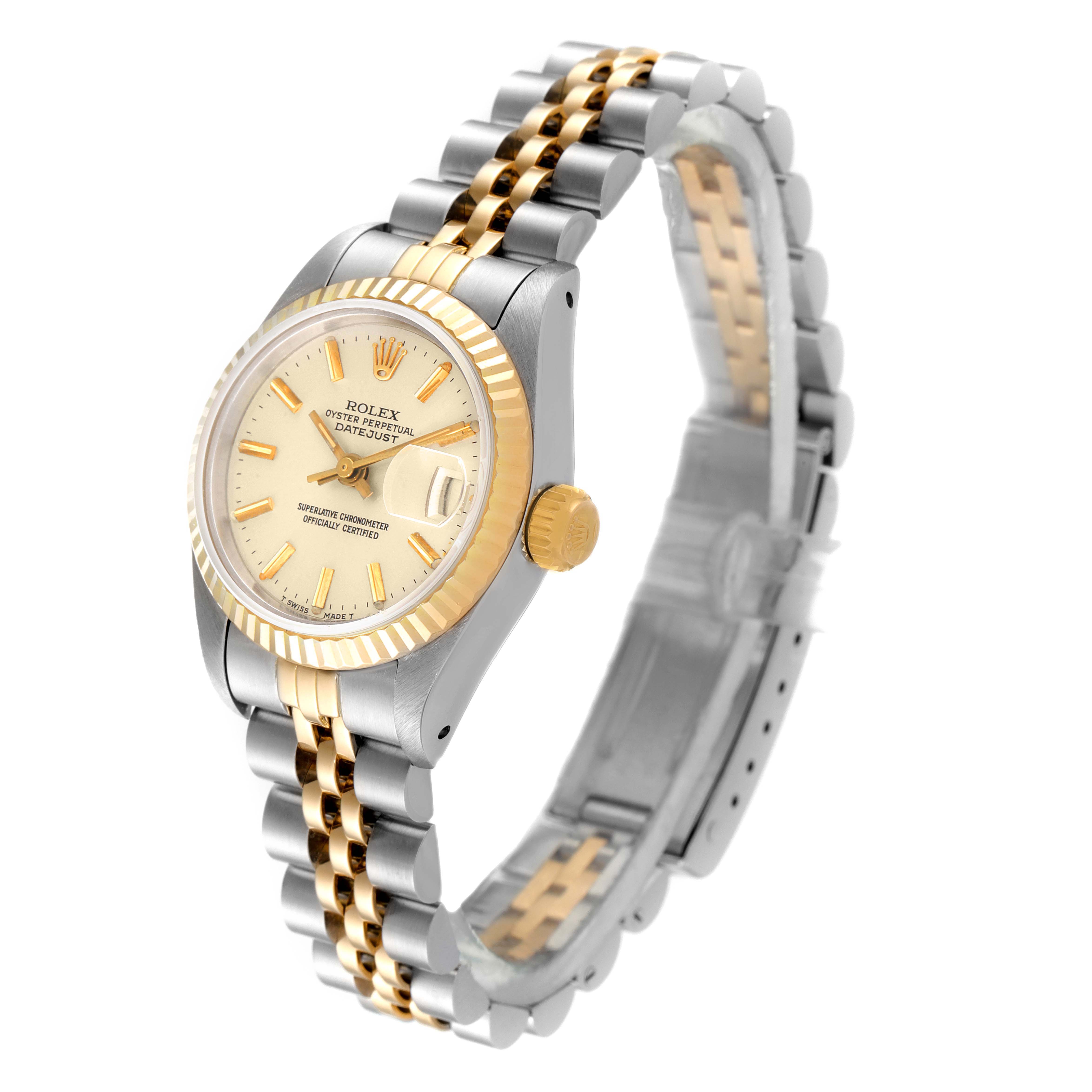 The image shows a side angle of a Rolex Datejust 69173 Women
s Steel and Gold (two tone) Silver Dial 69173 Women
s Steel and Gold (two tone) Silver Dial watch, highlighting the bezel, crown, dial, and jubilee bracelet.