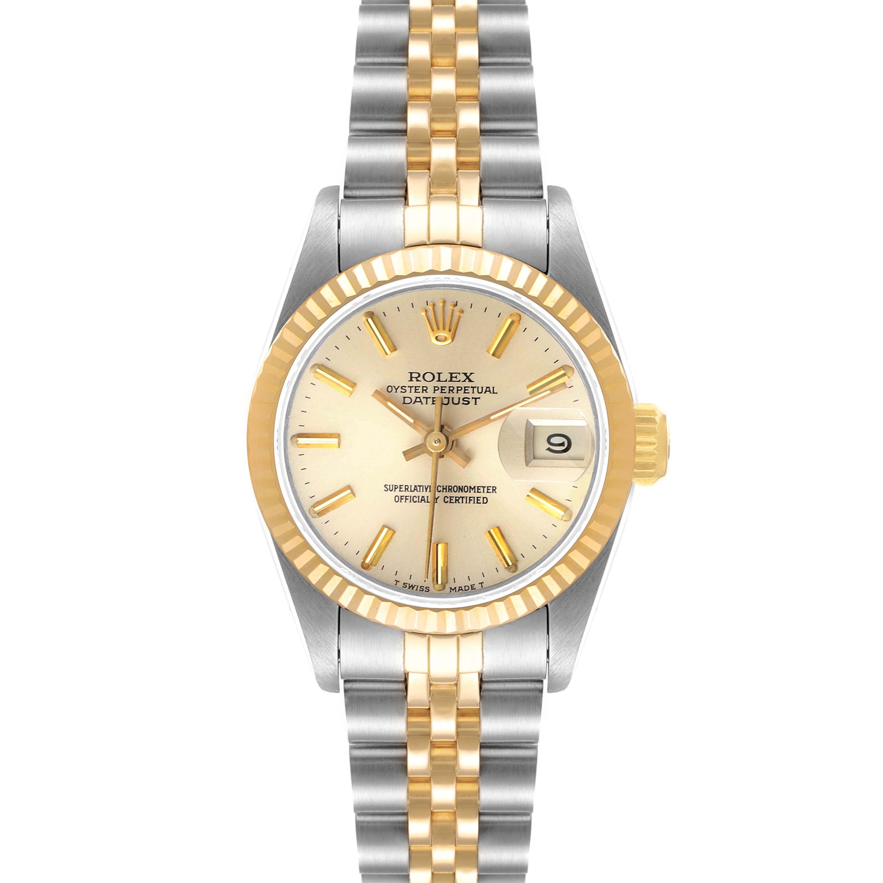The image shows a front view of a Rolex Datejust 69173 Women
s Steel and Gold (two tone) Silver Dial 69173 Women
s Steel and Gold (two tone) Silver Dial, highlighting the dial, bezel, and two-tone bracelet.