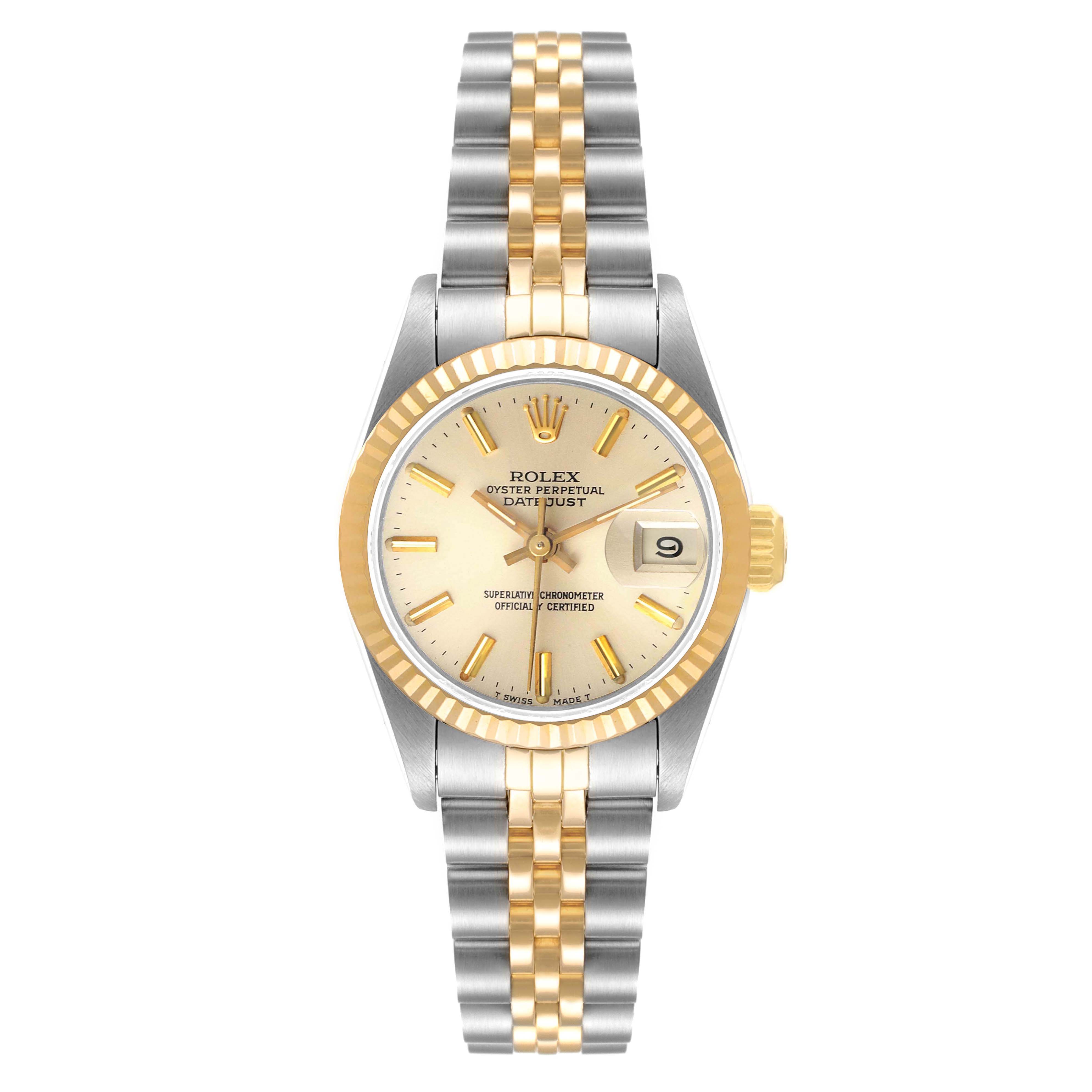 The image shows a front view of a Rolex Datejust 69173 Women
s Steel and Gold (two tone) Silver Dial 69173 Women
s Steel and Gold (two tone) Silver Dial watch, displaying the face, bezel, and two-tone bracelet.