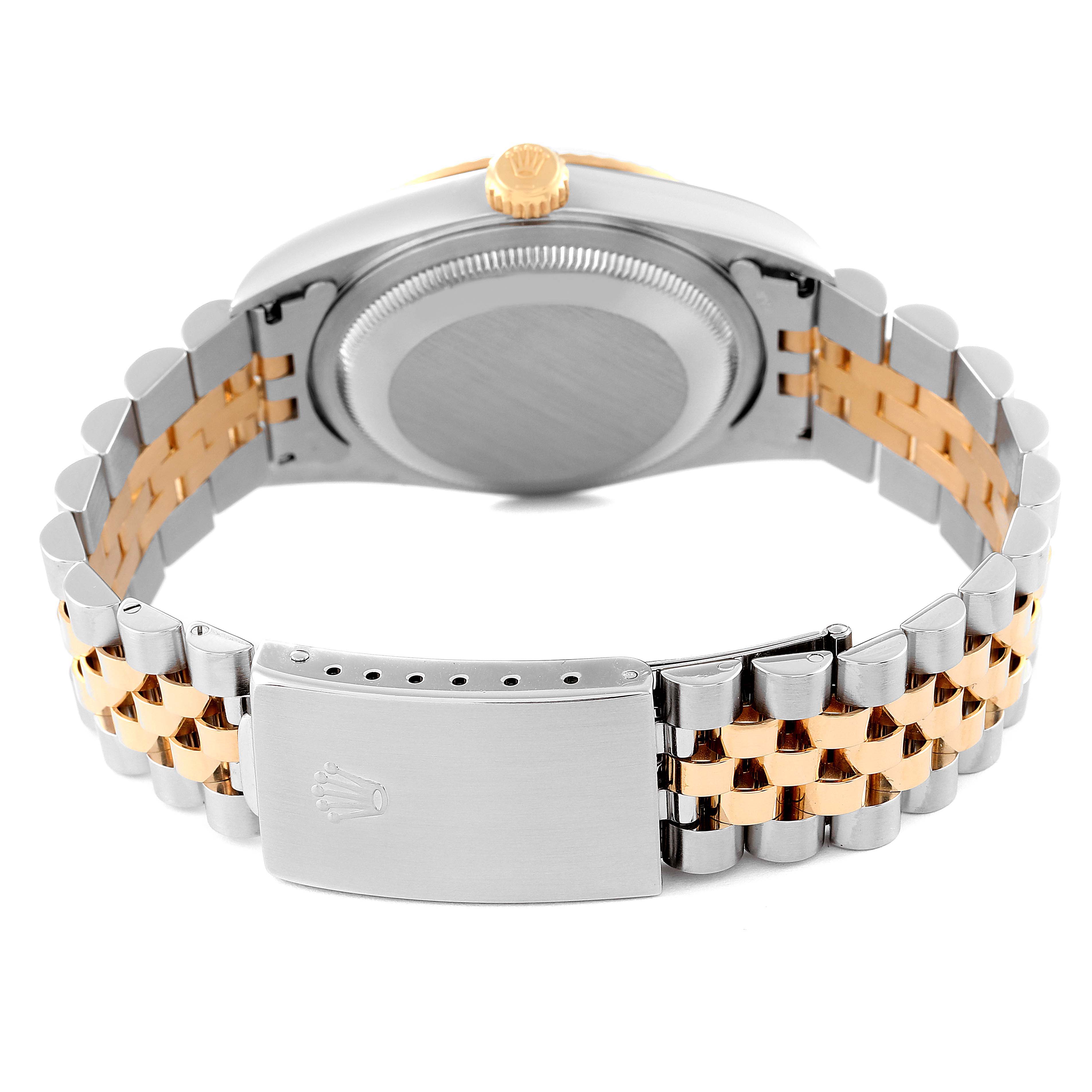 The image shows the back view of a Rolex Datejust 16233 Men's Steel and Gold (two tone) Mother of Pearl Dial 16233 Men's Steel and Gold (two tone) Mother of Pearl Dial watch, focusing on the jubilee bracelet and the clasp.