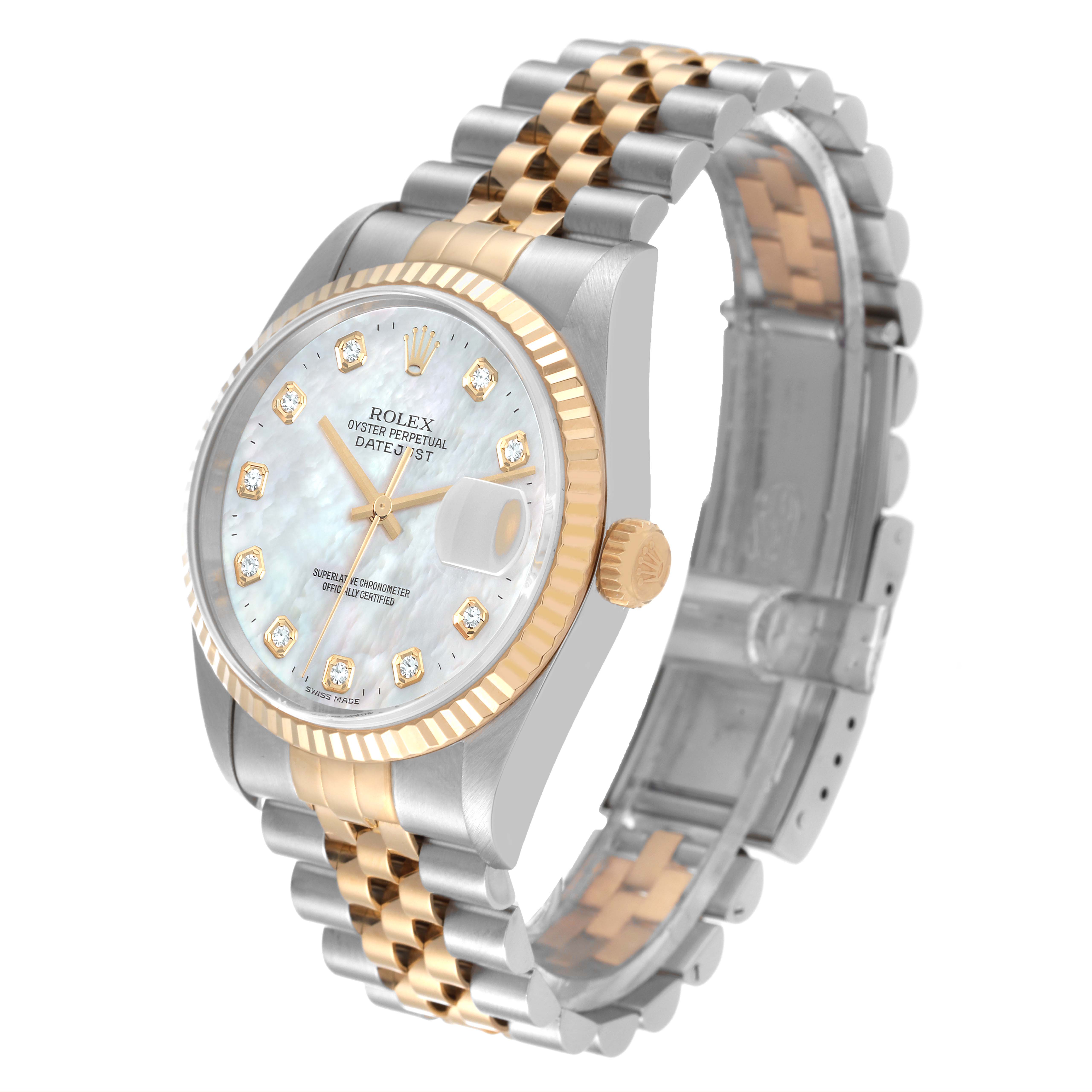 The image shows a Rolex Datejust 16233 Men's Steel and Gold (two tone) Mother of Pearl Dial 16233 Men's Steel and Gold (two tone) Mother of Pearl Dial watch at a three-quarter angle, highlighting its face, fluted bezel, and two-tone jubilee bracelet.