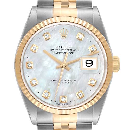 Photo of Rolex Datejust Steel Yellow Gold Mother of Pearl Diamond Mens Watch 16233 Box Papers