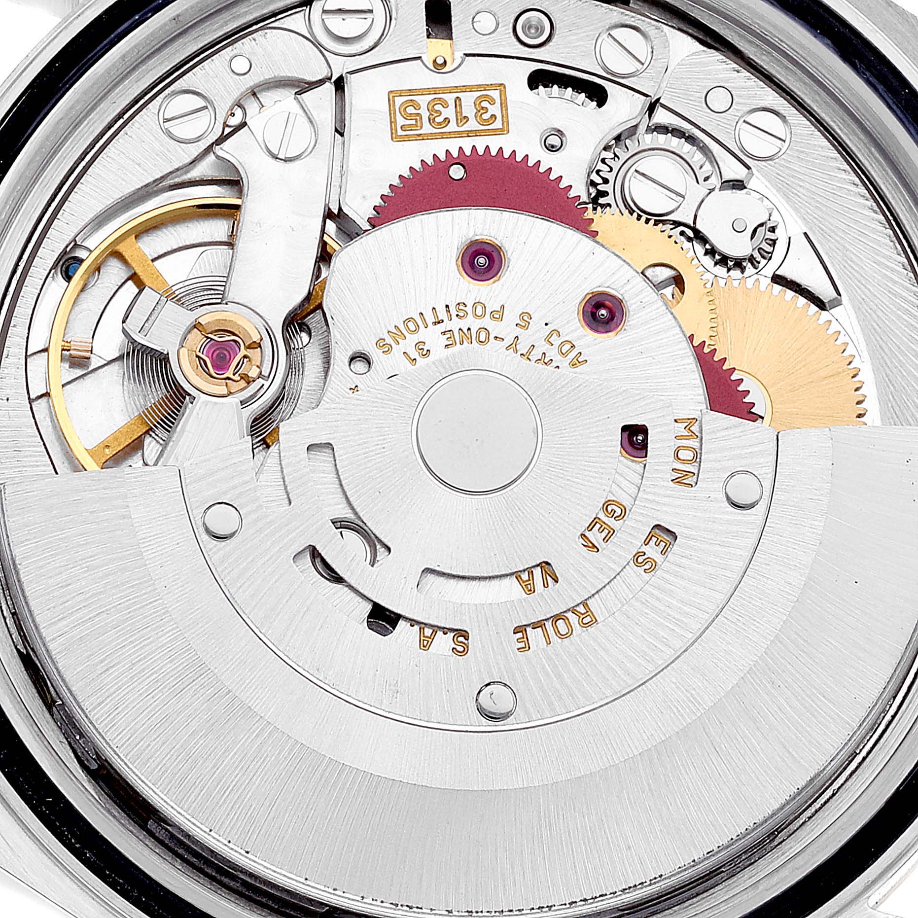 This image shows the intricate movement mechanism of the Rolex Datejust 16233 Men's Steel and Gold (two tone) Mother of Pearl Dial 16233 Men's Steel and Gold (two tone) Mother of Pearl Dial model watch from a top view.