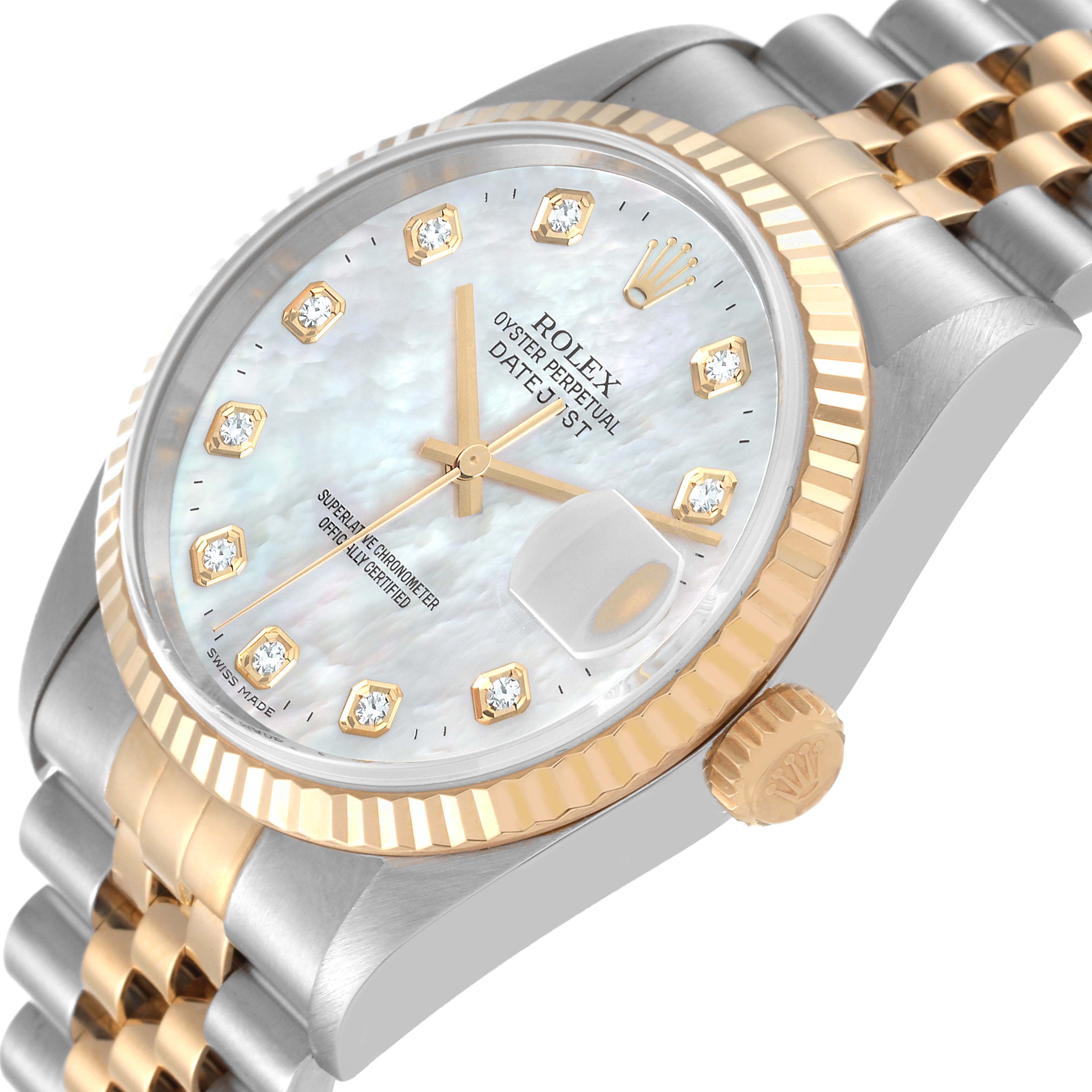The image shows a close-up, angled view of a Rolex Datejust 16233 Men's Steel and Gold (two tone) Mother of Pearl Dial 16233 Men's Steel and Gold (two tone) Mother of Pearl Dial, highlighting its dial, bezel, crown, and bracelet.