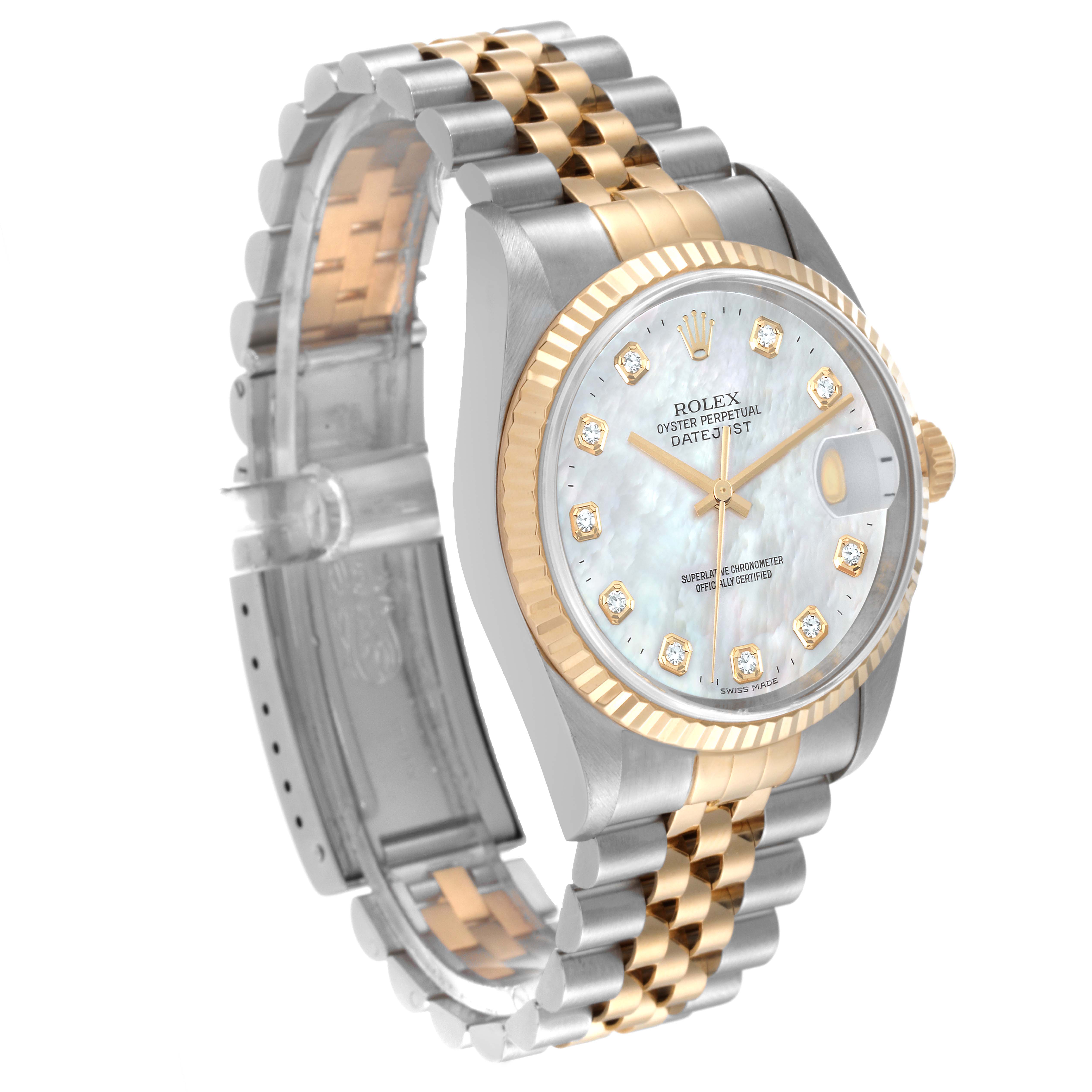 The Rolex Datejust 16233 Men's Steel and Gold (two tone) Mother of Pearl Dial 16233 Men's Steel and Gold (two tone) Mother of Pearl Dial watch is angled to show its face, bezel, crown, and portion of the two-tone bracelet.
