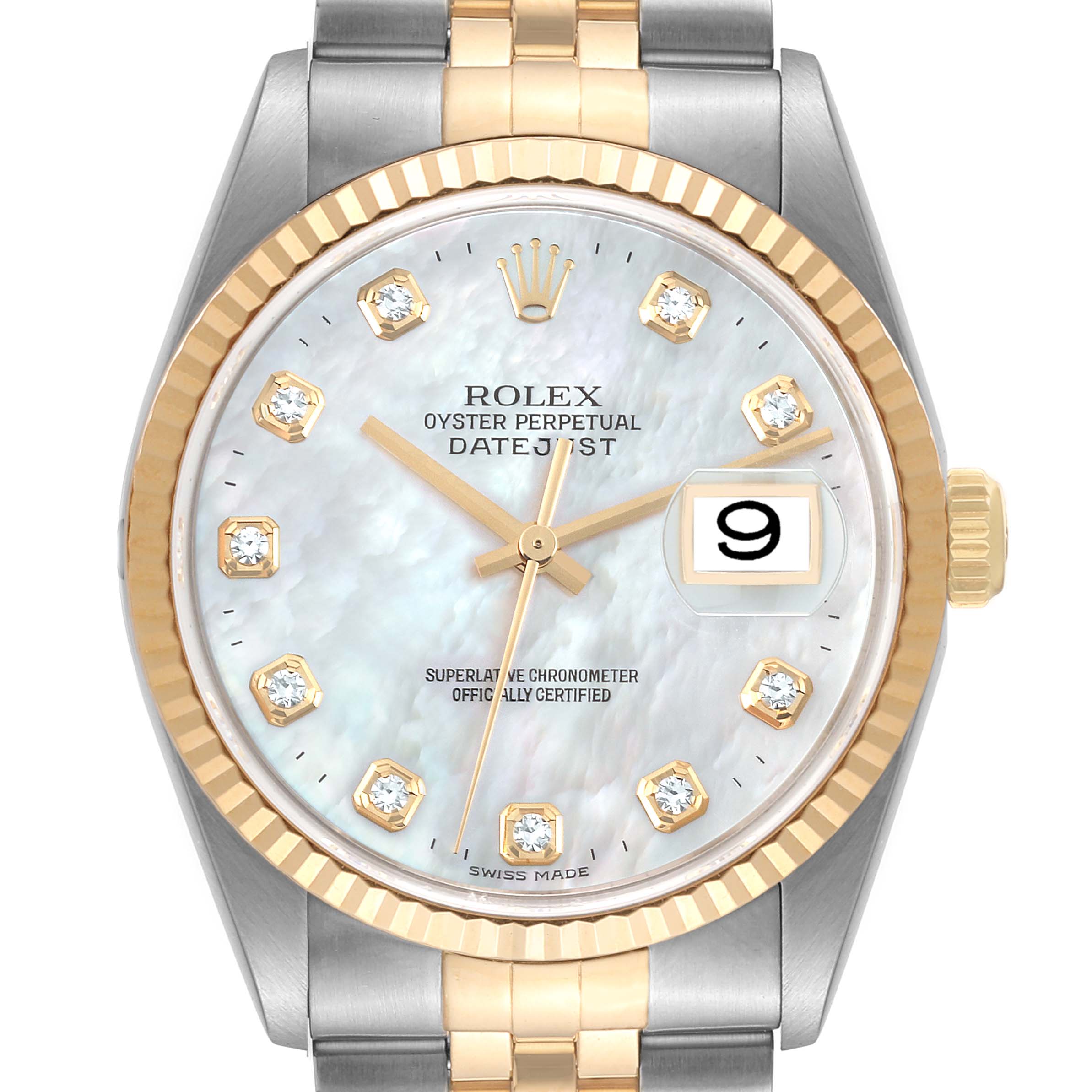 The image shows a frontal view of the Rolex Datejust 16233 Men's Steel and Gold (two tone) Mother of Pearl Dial 16233 Men's Steel and Gold (two tone) Mother of Pearl Dial watch, displaying the dial, hands, date window, bezel, and part of the bracelet.