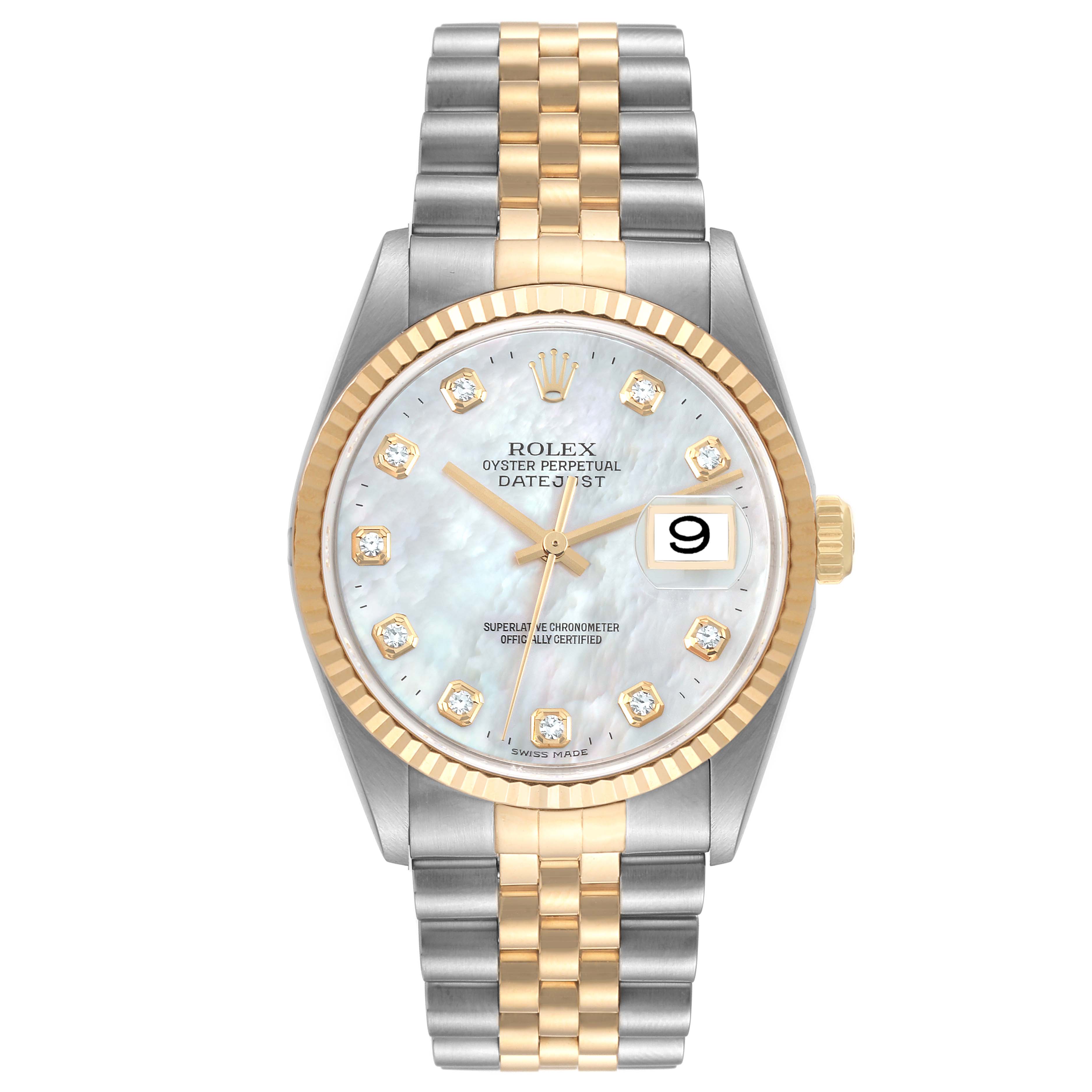 This image displays a front view of a Rolex Datejust 16233 Men's Steel and Gold (two tone) Mother of Pearl Dial 16233 Men's Steel and Gold (two tone) Mother of Pearl Dial watch, showcasing its dial, bezel, and bracelet.