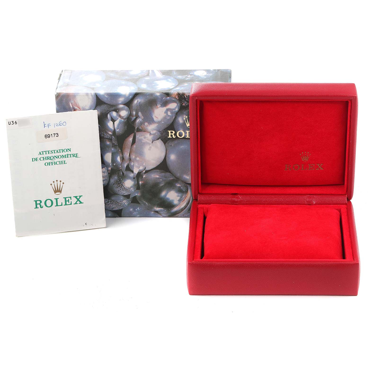 This image shows a Rolex Datejust 69173 Women
s Steel and Gold (two tone) Grey Dial 69173 Women
s Steel and Gold (two tone) Grey Dial watch box, its outer packaging, and the official certification booklet.