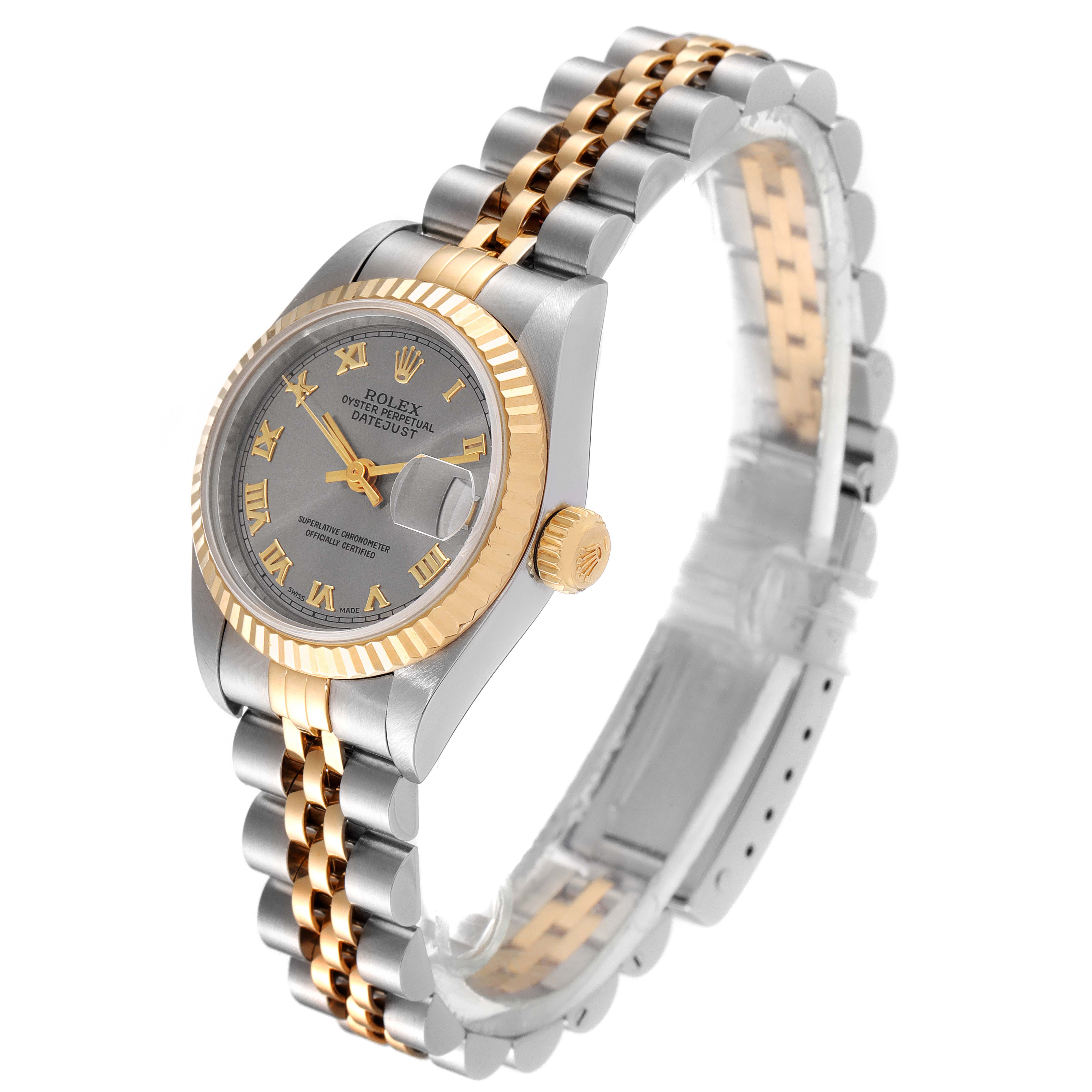 The image shows a Rolex Datejust 69173 Women
s Steel and Gold (two tone) Grey Dial 69173 Women
s Steel and Gold (two tone) Grey Dial watch at an angled side view, highlighting the bezel, crown, dial, and two-tone bracelet.