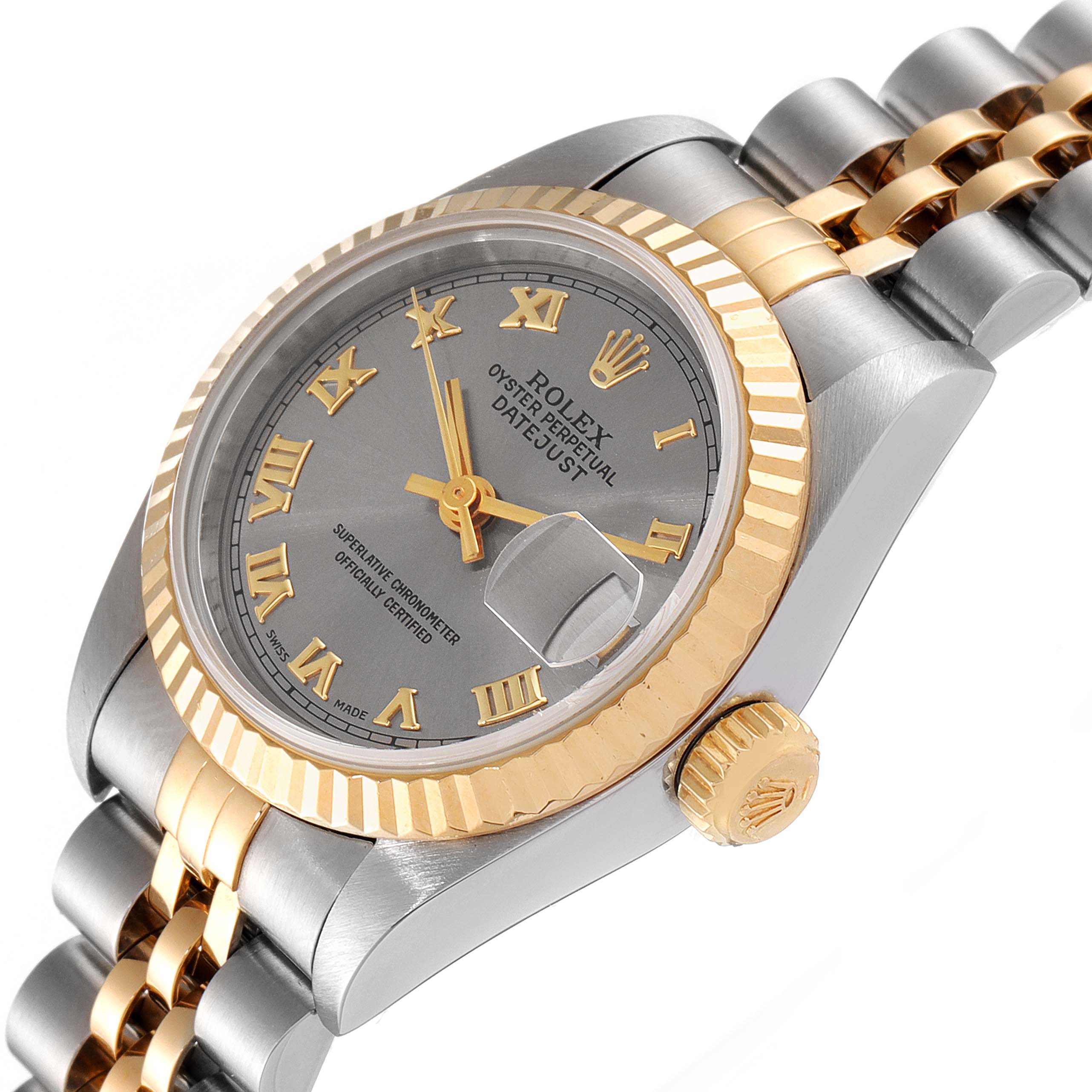 This image shows a close-up angle of a Rolex Datejust 69173 Women
s Steel and Gold (two tone) Grey Dial 69173 Women
s Steel and Gold (two tone) Grey Dial watch, highlighting the face, bezel, crown, and bracelet.