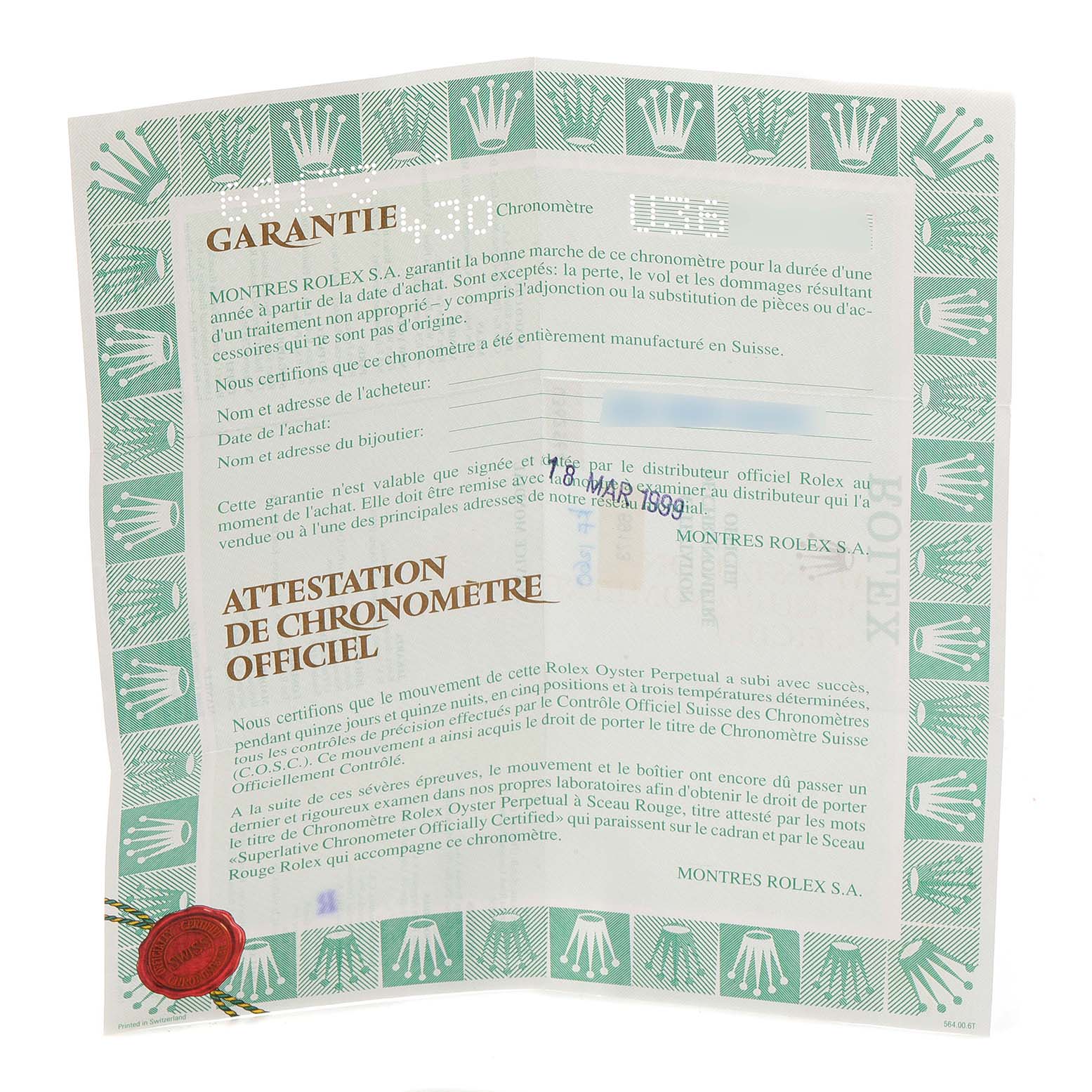 This is a warranty and Certificate of Chronometer Official document for a Rolex Datejust 69173 Women
s Steel and Gold (two tone) Grey Dial 69173 Women
s Steel and Gold (two tone) Grey Dial watch.