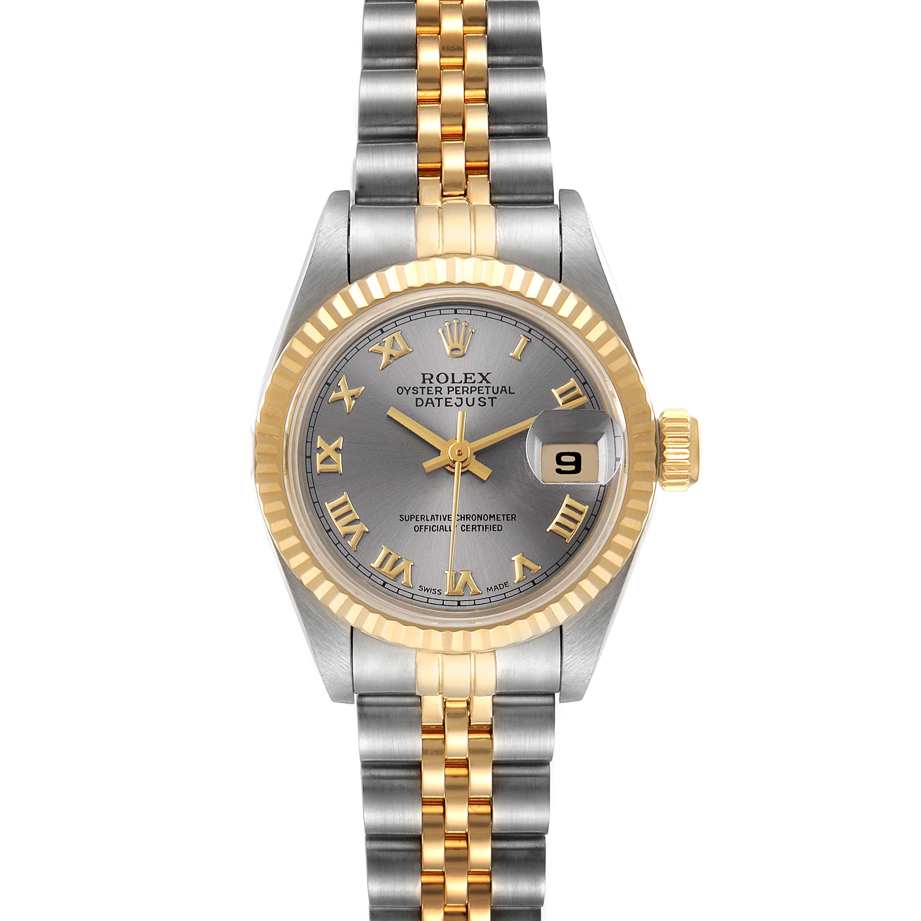 This image shows a front view of a Rolex Datejust 69173 Women
s Steel and Gold (two tone) Grey Dial 69173 Women
s Steel and Gold (two tone) Grey Dial watch, highlighting its two-tone bracelet.