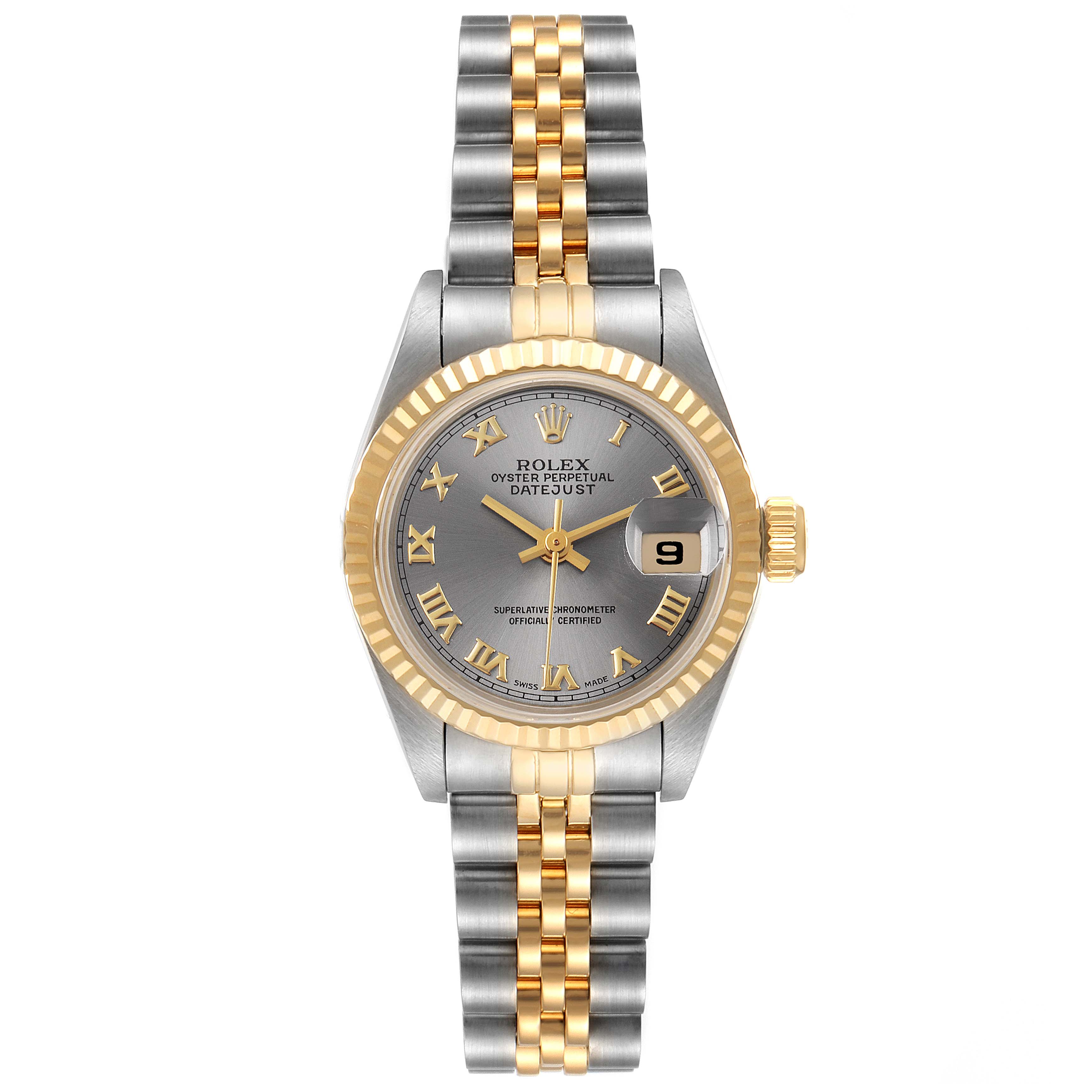 This image shows a front view of a Rolex Datejust 69173 Women
s Steel and Gold (two tone) Grey Dial 69173 Women
s Steel and Gold (two tone) Grey Dial watch featuring a two-tone bracelet, grey dial, gold hour markers, and a date window.