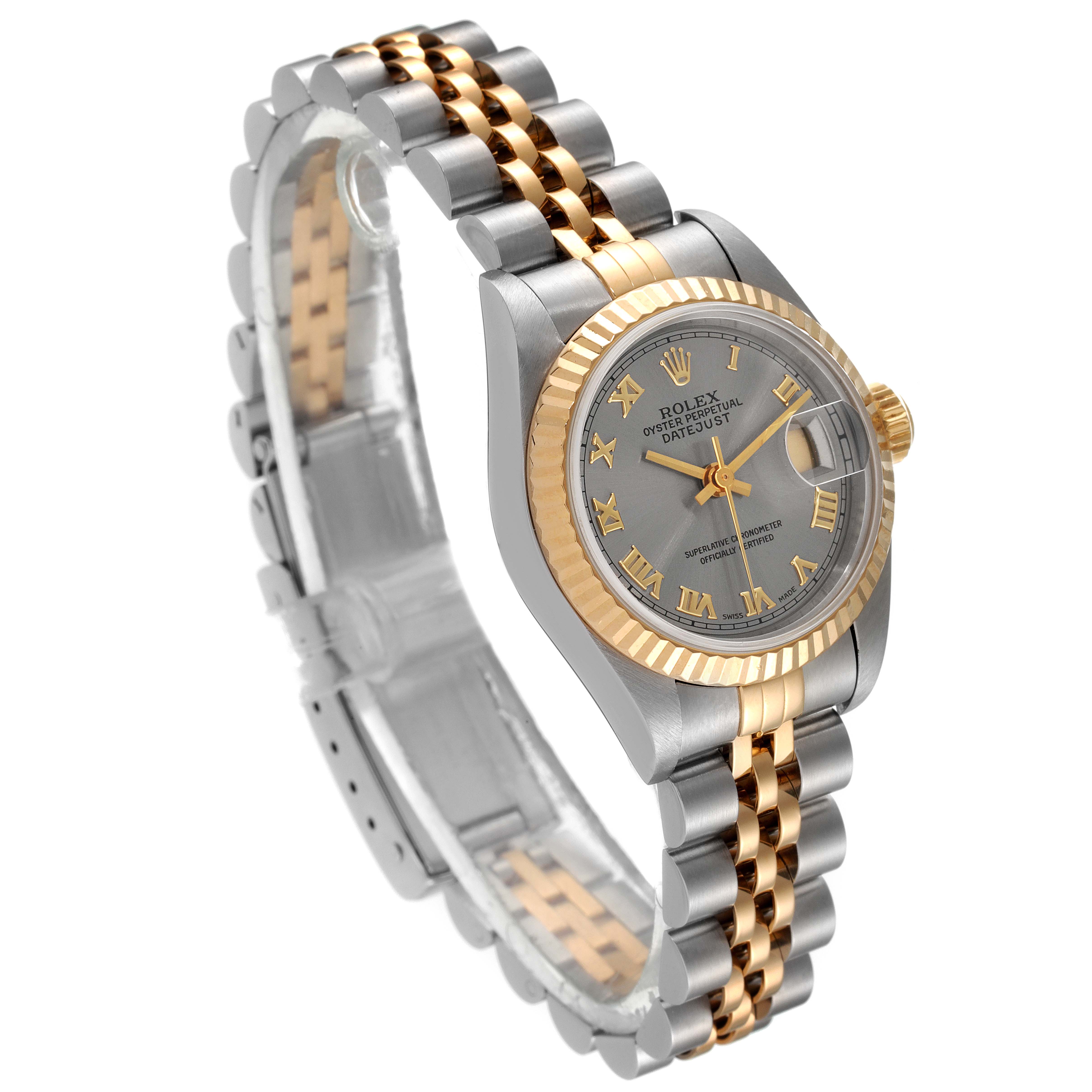 The image shows a side view of the Rolex Datejust 69173 Women
s Steel and Gold (two tone) Grey Dial 69173 Women
s Steel and Gold (two tone) Grey Dial model watch, highlighting its two-tone bracelet, dial, bezel, and crown.