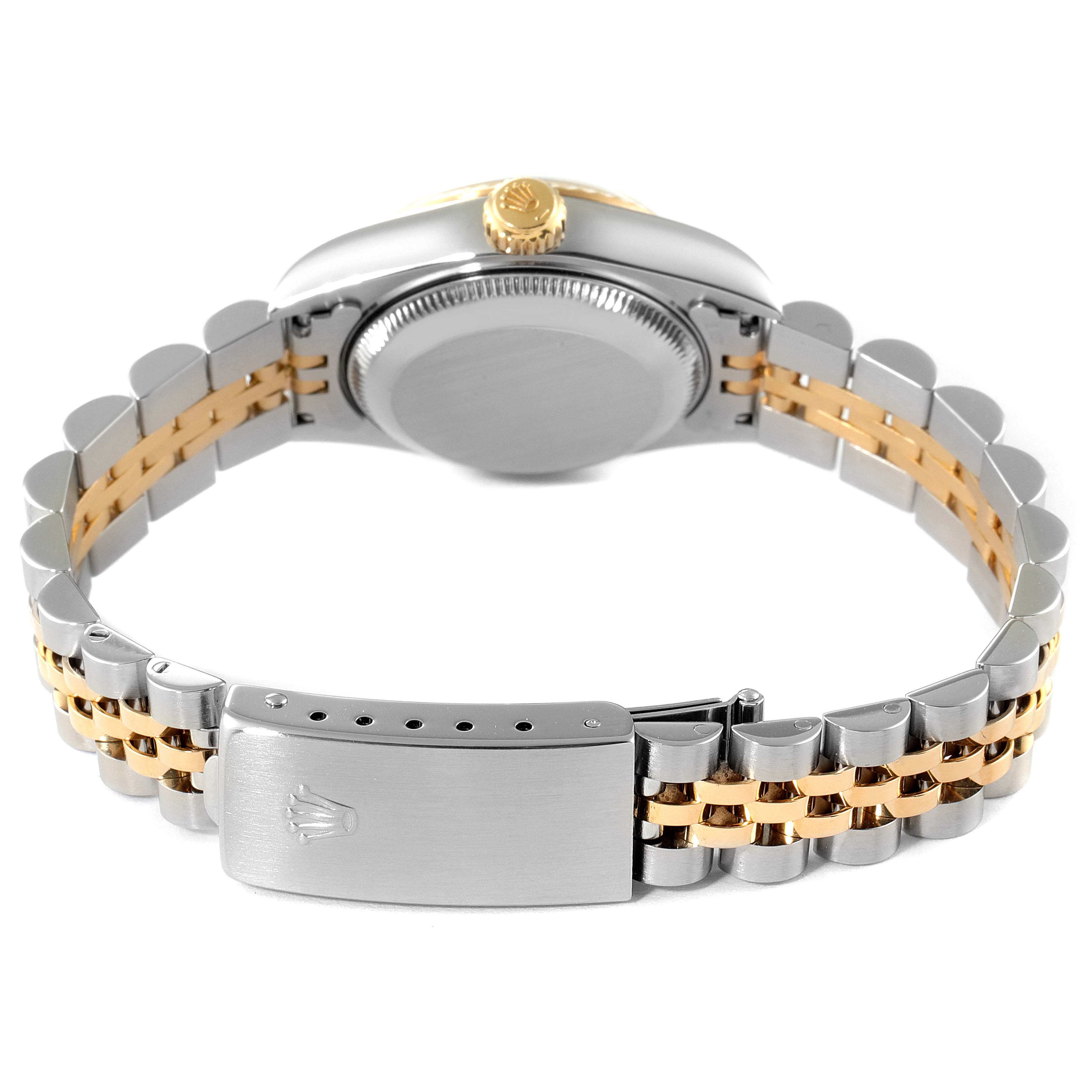 This image shows the back view of a Rolex Datejust 69173 Women
s Steel and Gold (two tone) Grey Dial 69173 Women
s Steel and Gold (two tone) Grey Dial watch, focusing on its two-tone bracelet and clasp.
