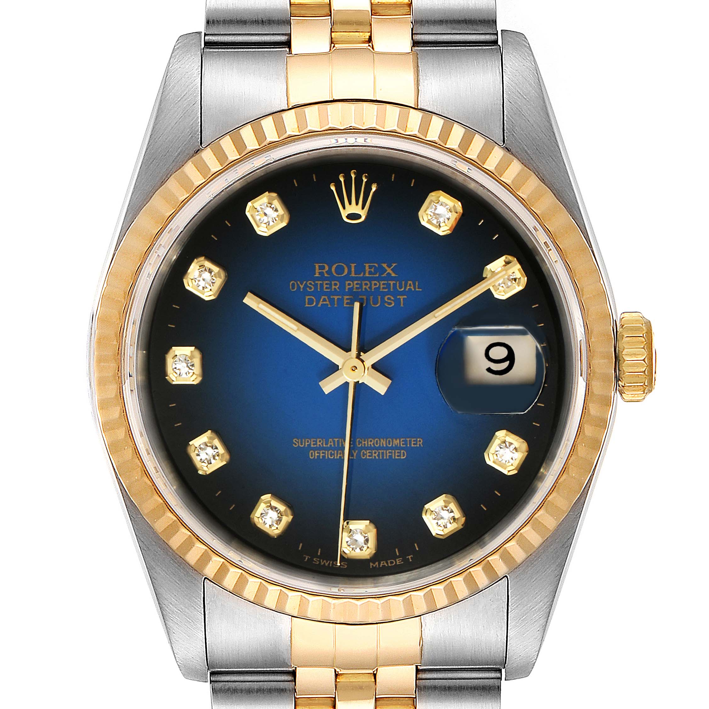 This is a close-up, front view of a Rolex Datejust 16233 Men's Steel and Gold (two tone) Blue Dial 16233 Men's Steel and Gold (two tone) Blue Dial watch showing the dial, hands, crystal, date window, and part of the bracelet.