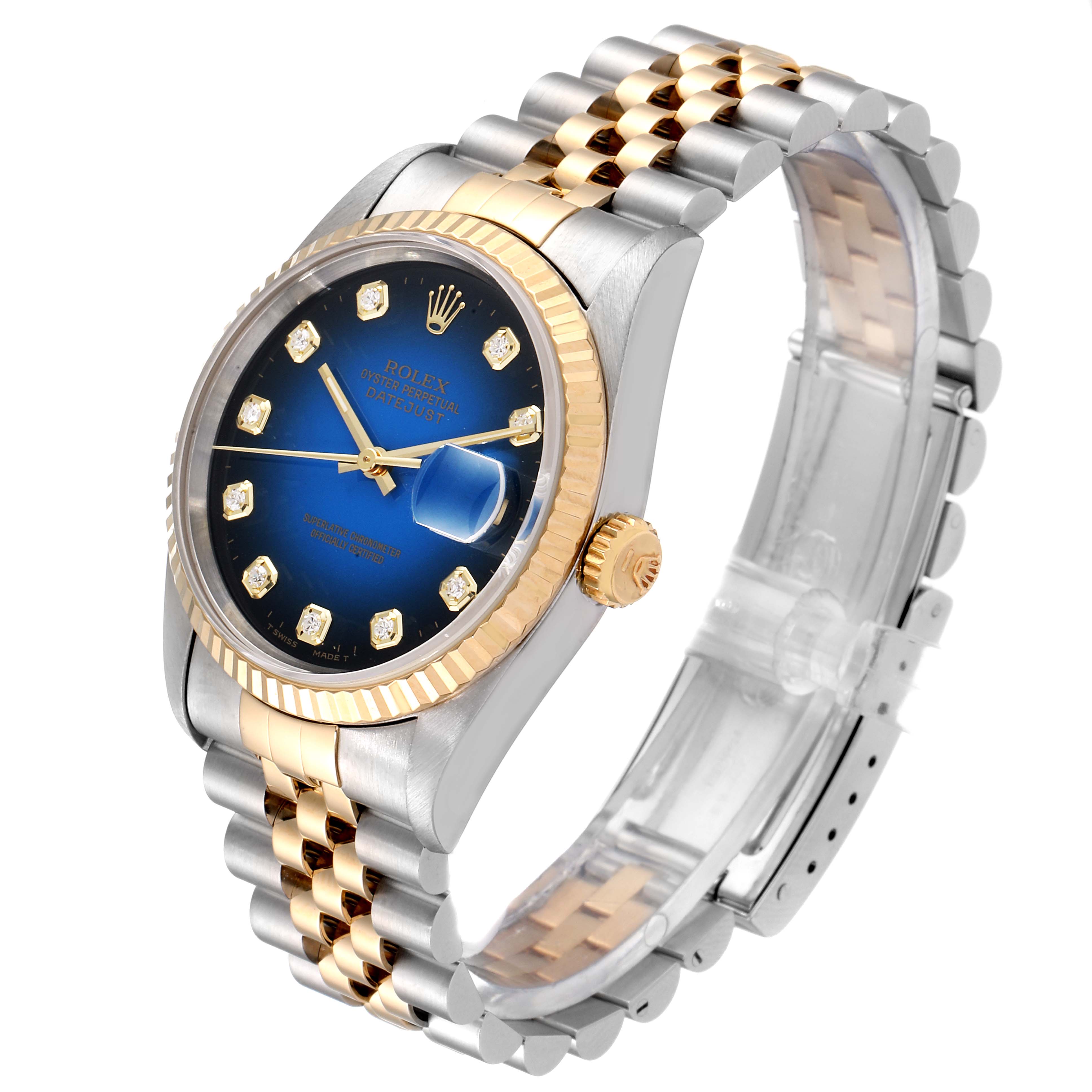 The image shows a Rolex Datejust 16233 Men's Steel and Gold (two tone) Blue Dial 16233 Men's Steel and Gold (two tone) Blue Dial watch at a three-quarter angle, highlighting its face, bezel, crown, and bracelet.