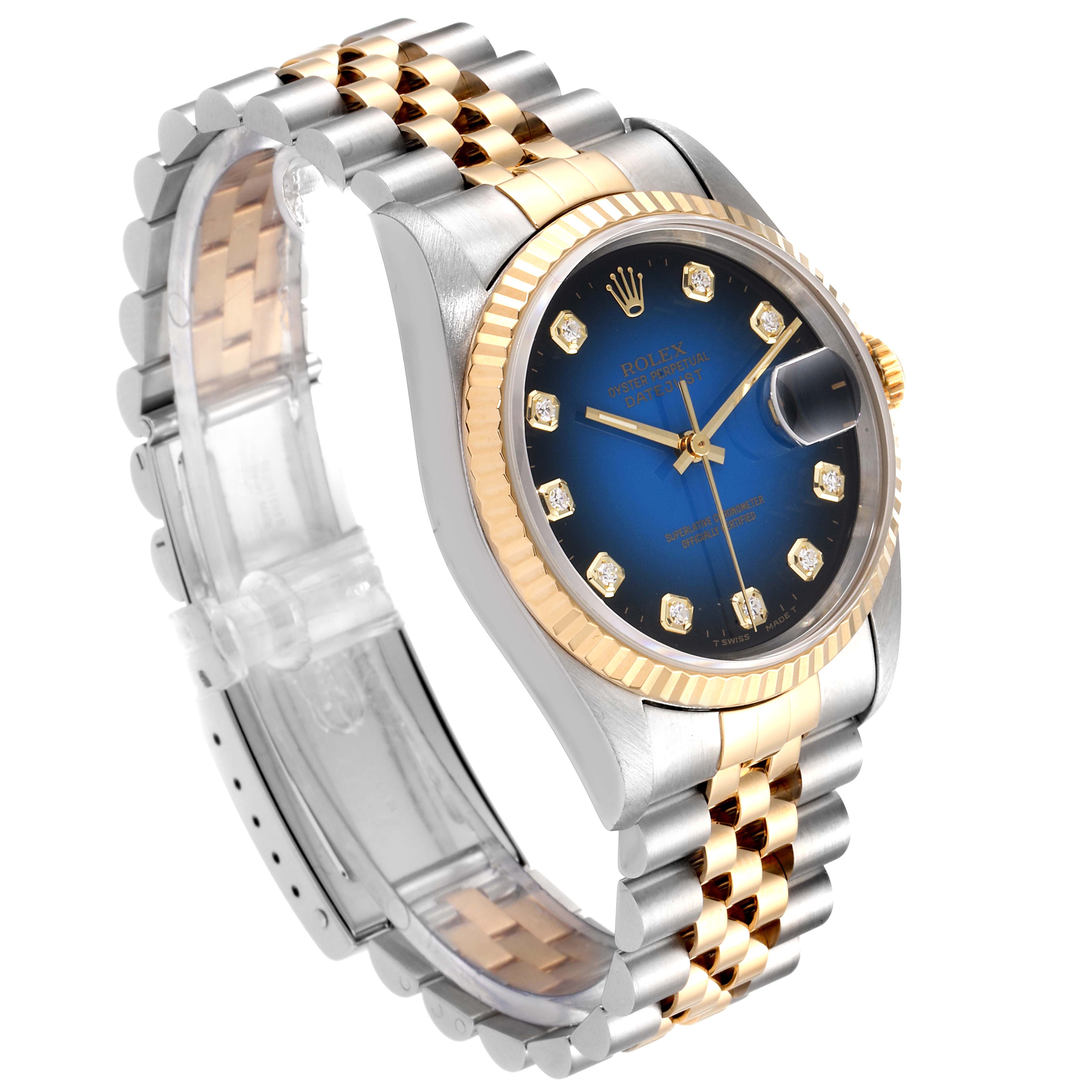 The image shows a Rolex Datejust 16233 Men's Steel and Gold (two tone) Blue Dial 16233 Men's Steel and Gold (two tone) Blue Dial watch at a three-quarter angle, highlighting its two-tone metal bracelet and blue dial with diamond hour markers.