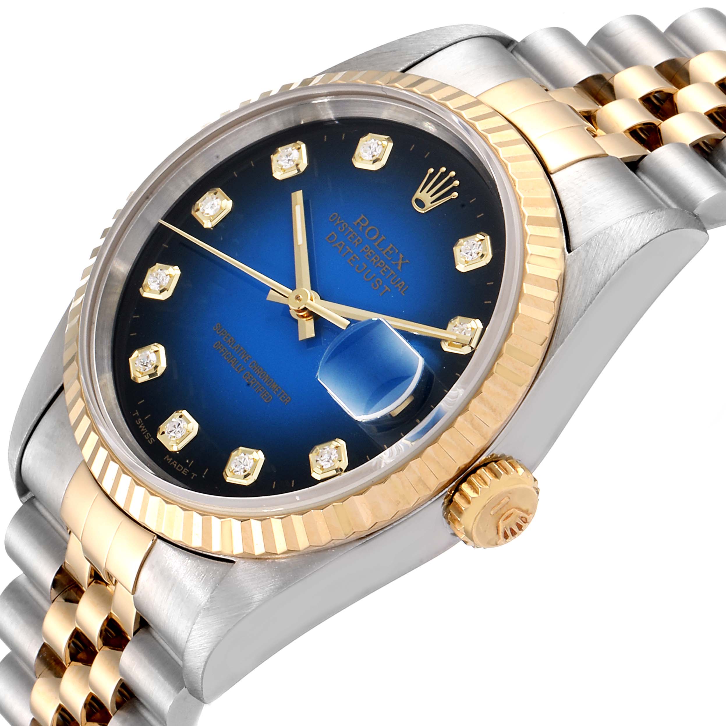 This image shows a Rolex Datejust 16233 Men's Steel and Gold (two tone) Blue Dial 16233 Men's Steel and Gold (two tone) Blue Dial watch from an angled perspective, highlighting its blue dial, gold bezel, and bi-metal bracelet.