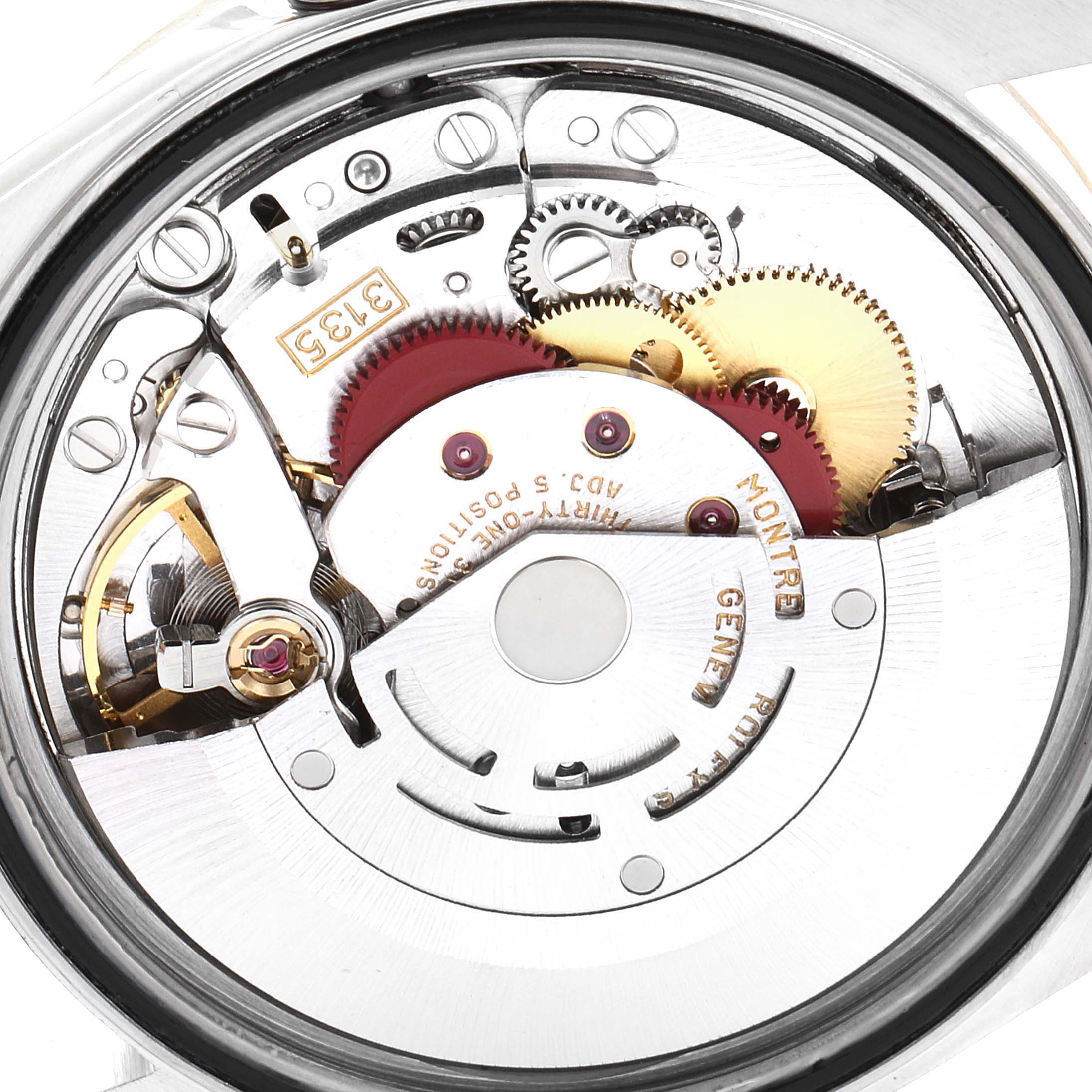 The image shows the intricate inner mechanism and movement components of a Rolex Datejust 16233 Men's Steel and Gold (two tone) Blue Dial 16233 Men's Steel and Gold (two tone) Blue Dial watch, viewed from the back.