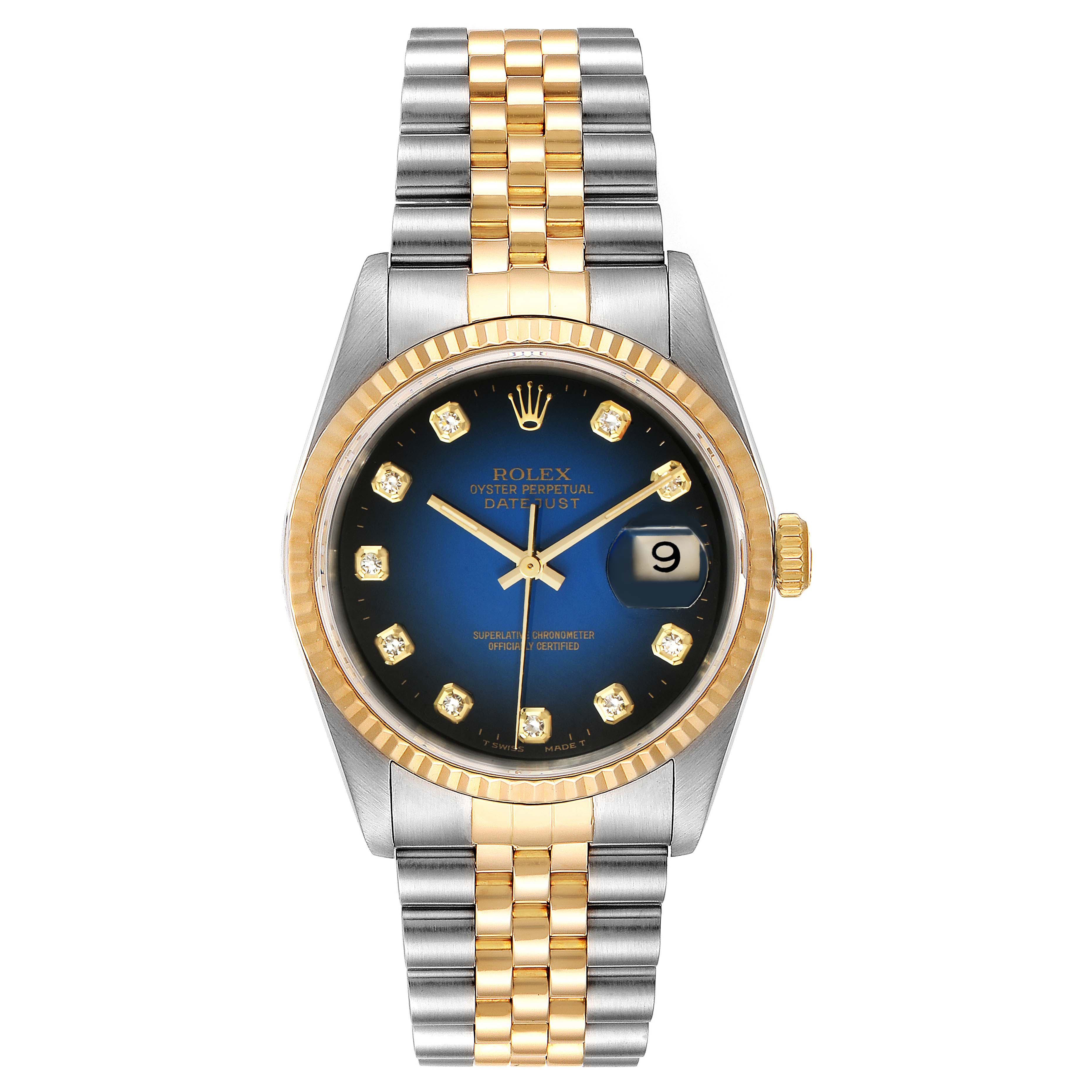 This Rolex Datejust 16233 Men's Steel and Gold (two tone) Blue Dial 16233 Men's Steel and Gold (two tone) Blue Dial model is shown from a front angle, displaying its blue dial, gold bezel, diamond hour markers, and bi-metal strap.