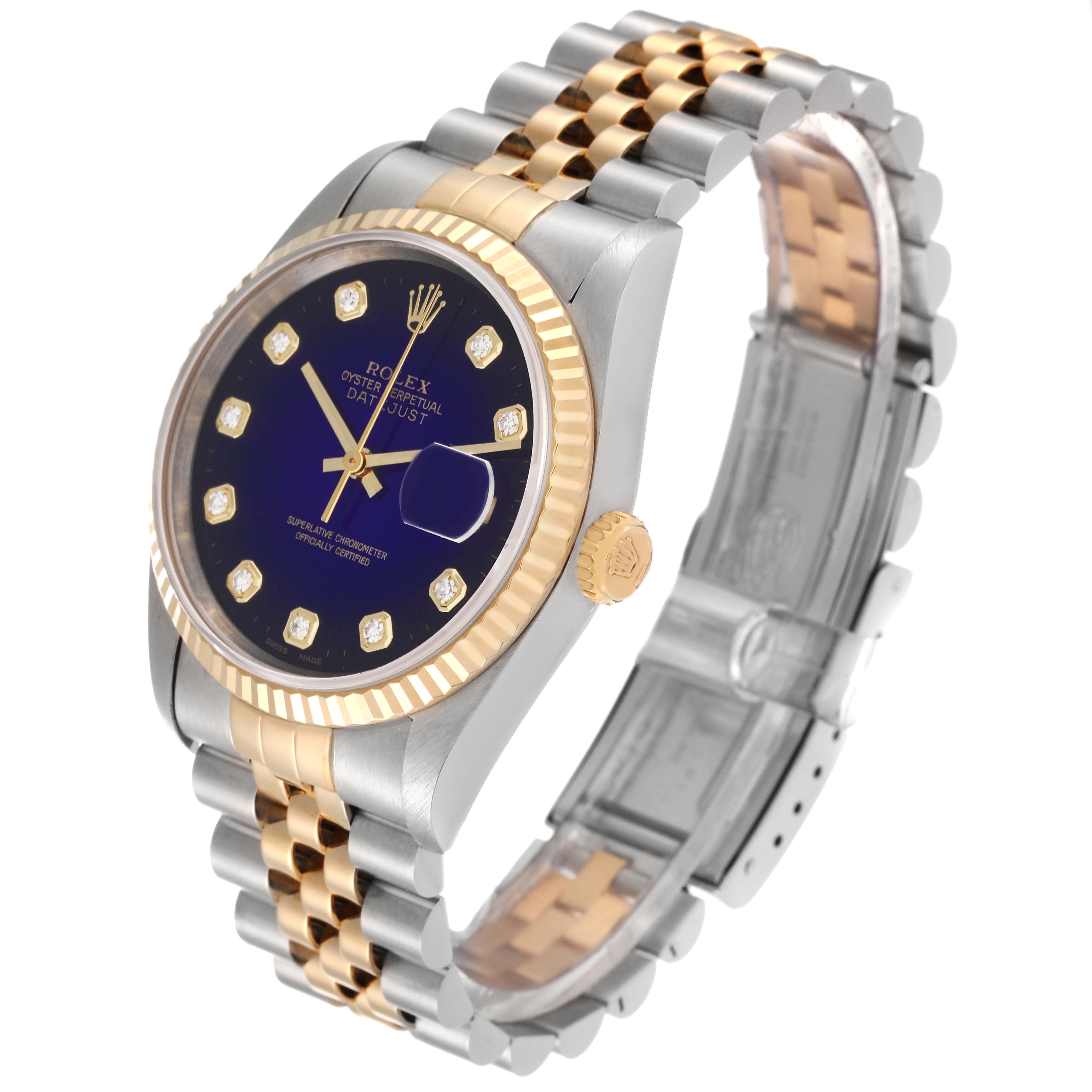 This image shows a Rolex Datejust 16233 Men's Steel and Gold (two tone) Purple Dial 16233 Men's Steel and Gold (two tone) Purple Dial watch, highlighting the face, bezel, crown, and bicolored bracelet from an angled perspective.